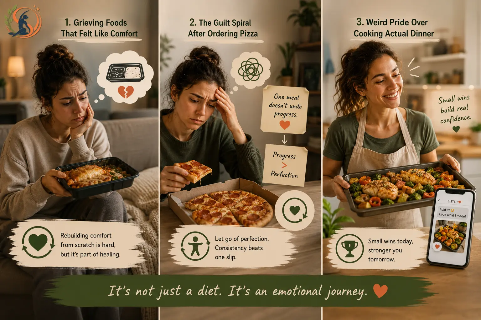 Woman navigating the emotional challenges of a whole-food diet, from missing comfort foods and feeling guilty after pizza to gaining confidence from cooking healthy meals.