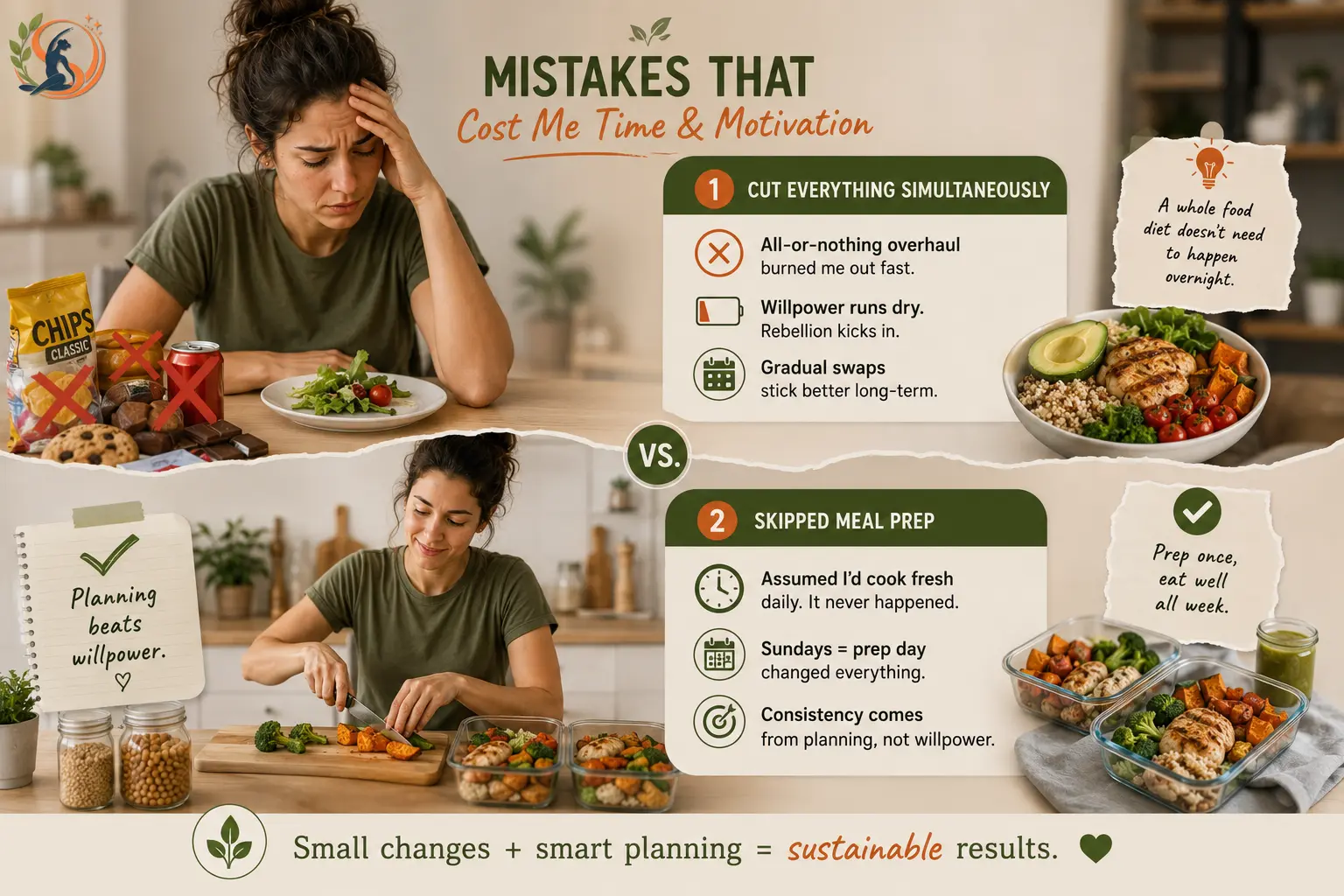 Woman learn from whole-food diet mistakes, including making too many changes at once and skipping meal prep, with gradual changes and weekly meal planning shown as better strategies for consistency.