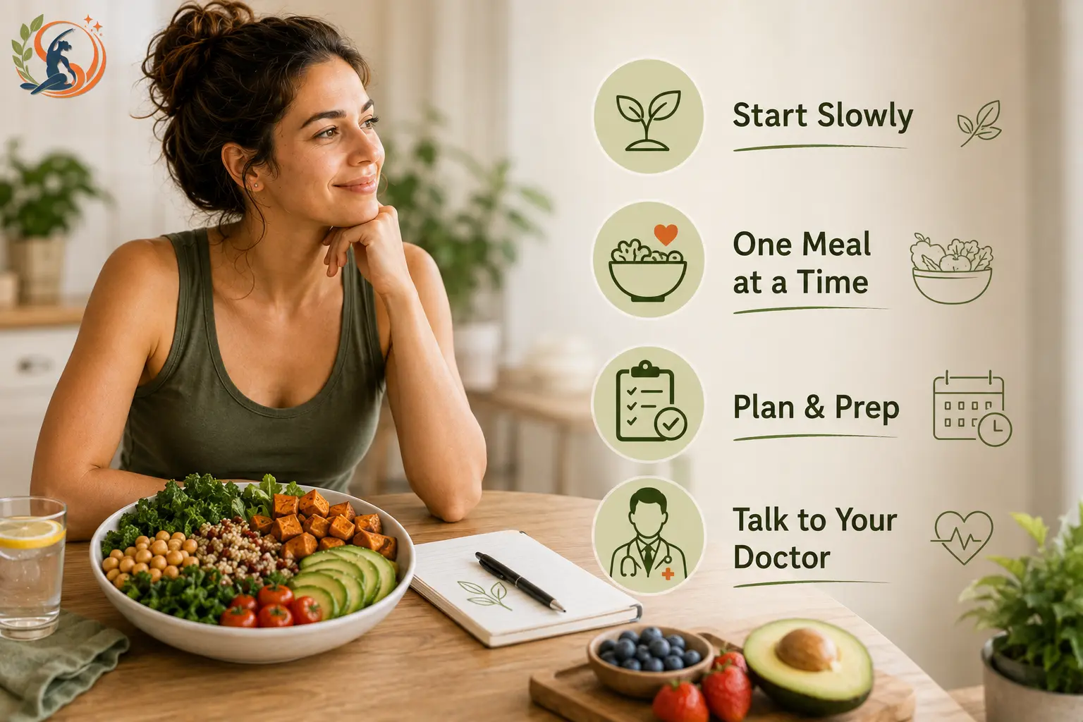 Woman beside a healthy whole-food meal with four simple tips: start slowly, change one meal at a time, plan and prep and talk to your doctor.
