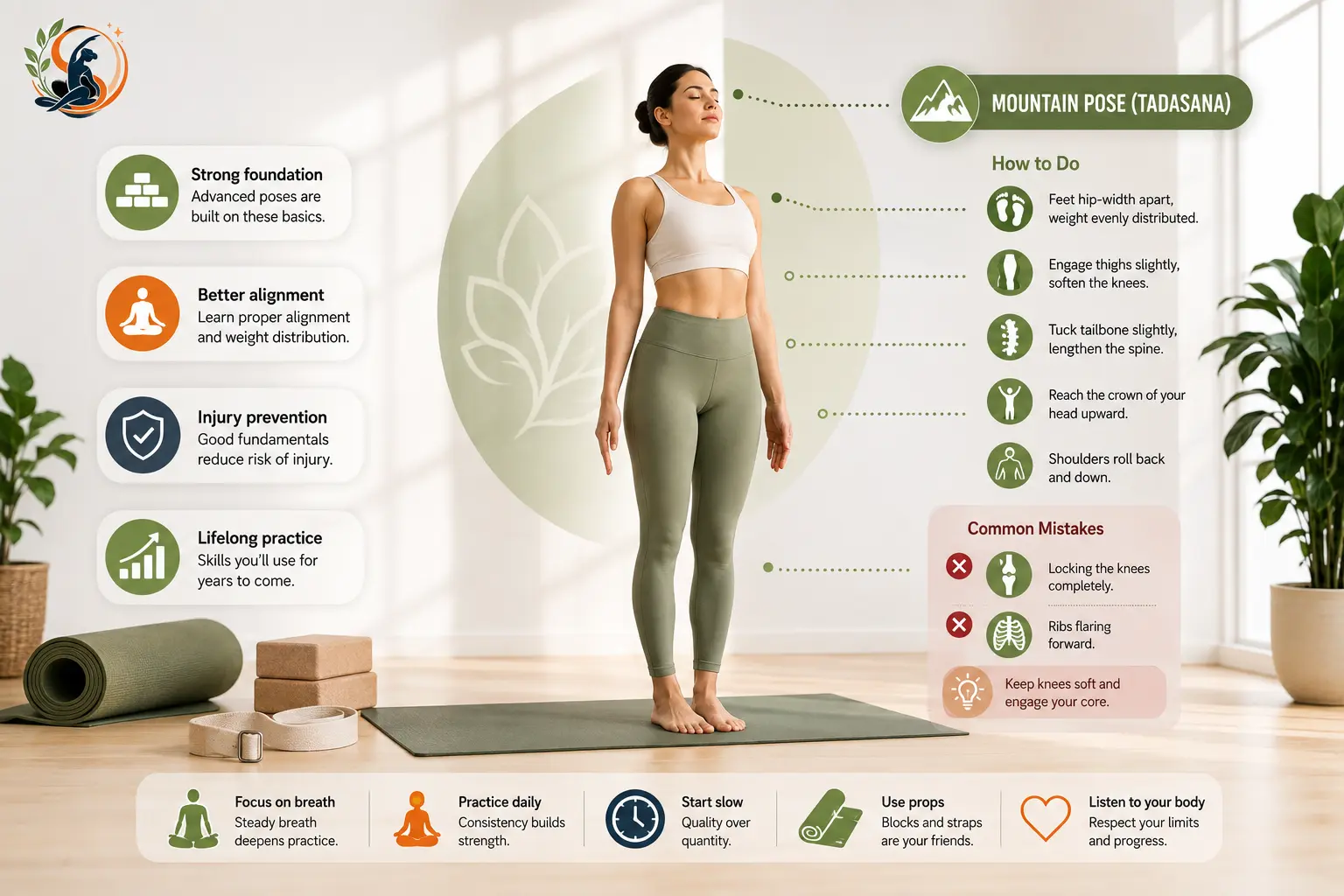 Beginner practicing basic yoga poses in a bright studio