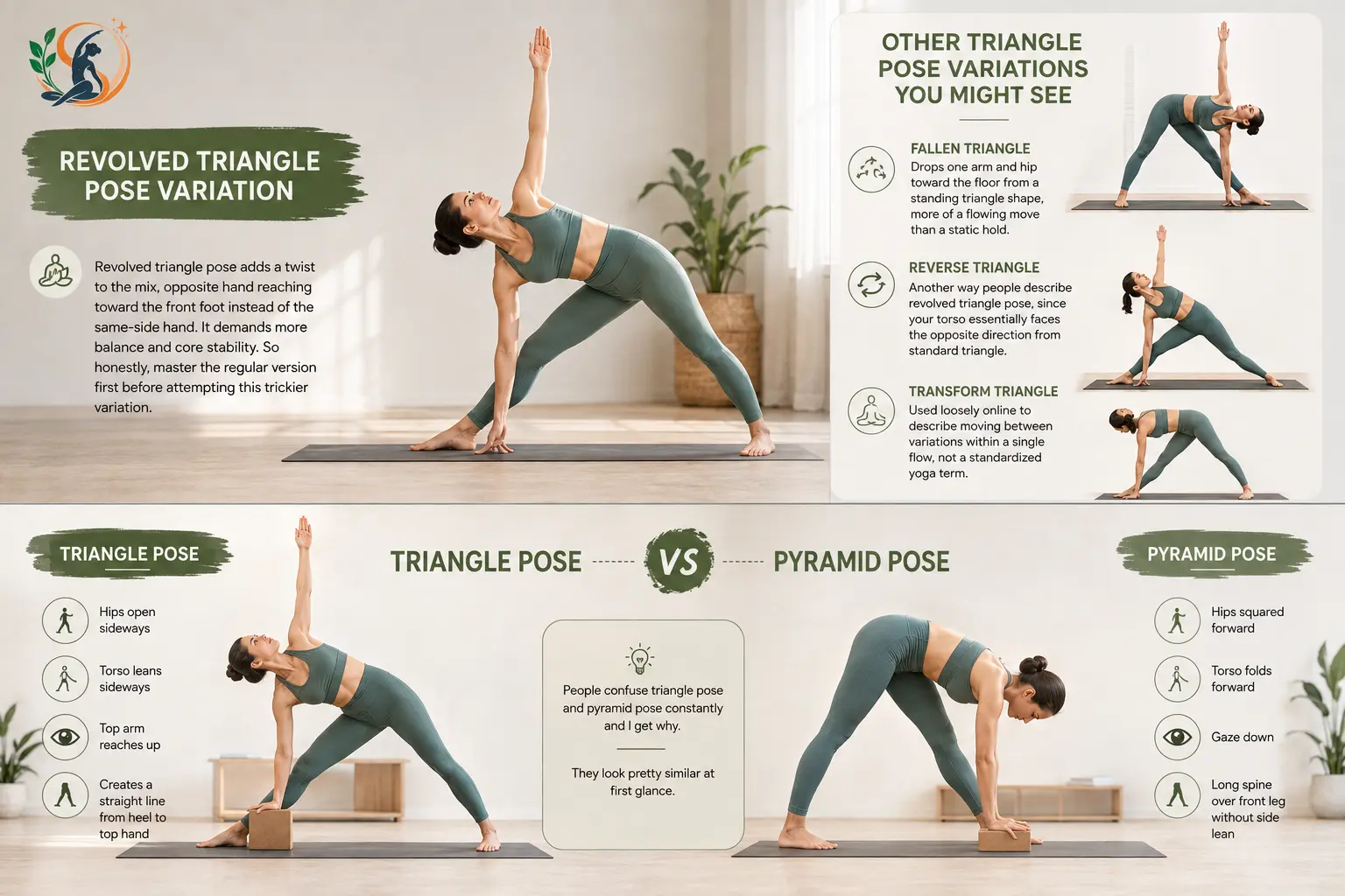 Person performing a twisted revolved triangle yoga pose
