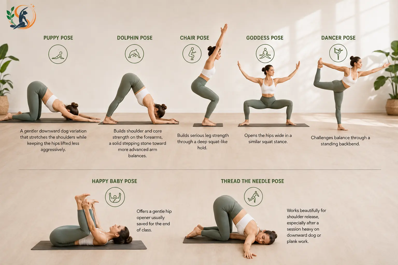 Collage of beginner yoga poses including chair and goddess pose
