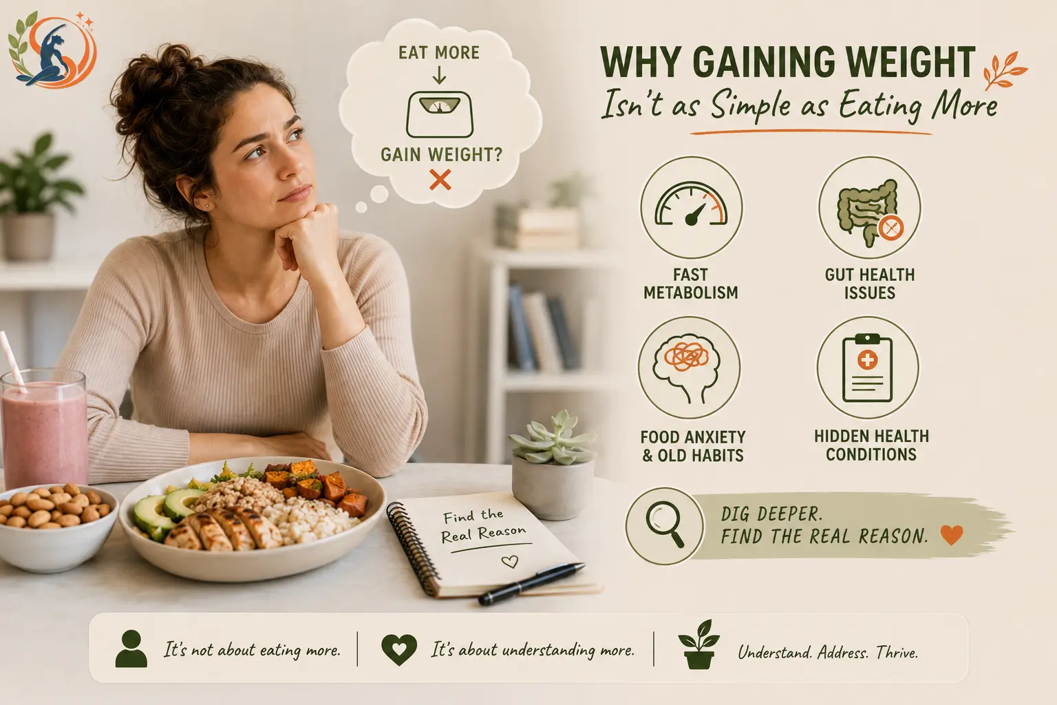Woman reflecting on why gaining weight can be difficult, with simple icons representing metabolism, gut health, food anxiety and underlying health conditions.