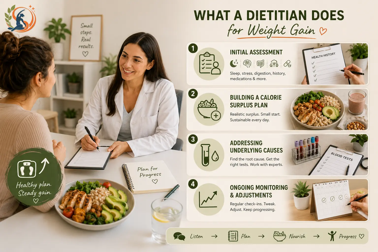 Dietitian consultation showing four steps for healthy weight gain: health assessment, calorie surplus, addressing underlying causes and ongoing progress adjustments.