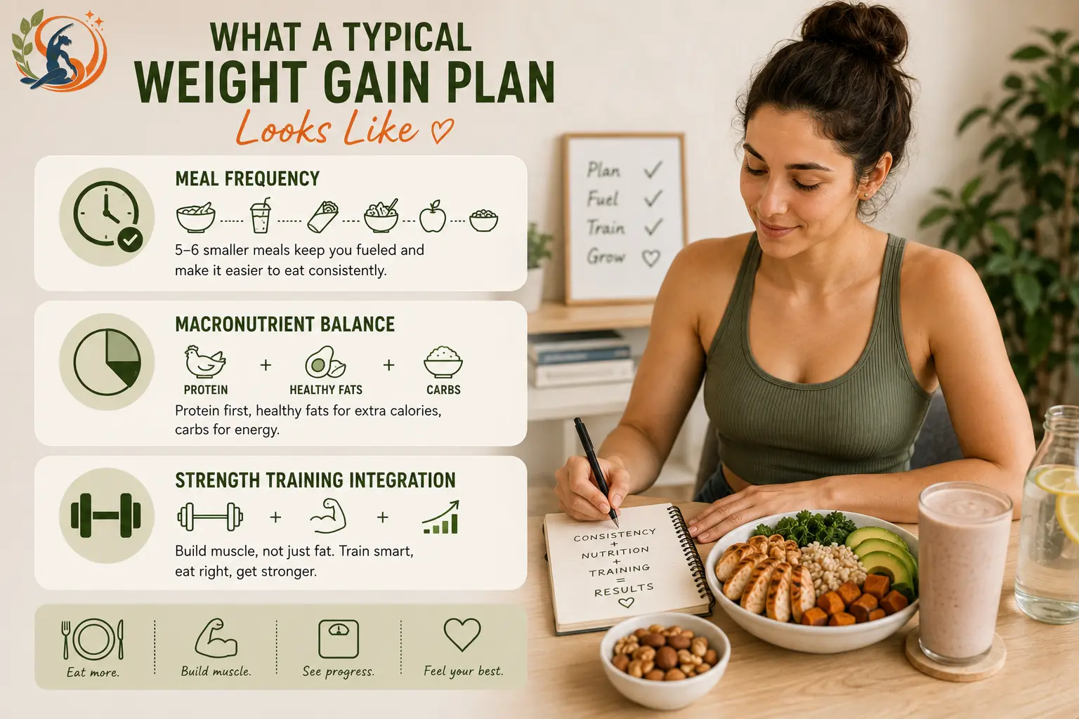 Woman following a healthy weight-gain plan with small frequent meals, protein and healthy fats, carbohydrates and strength training.