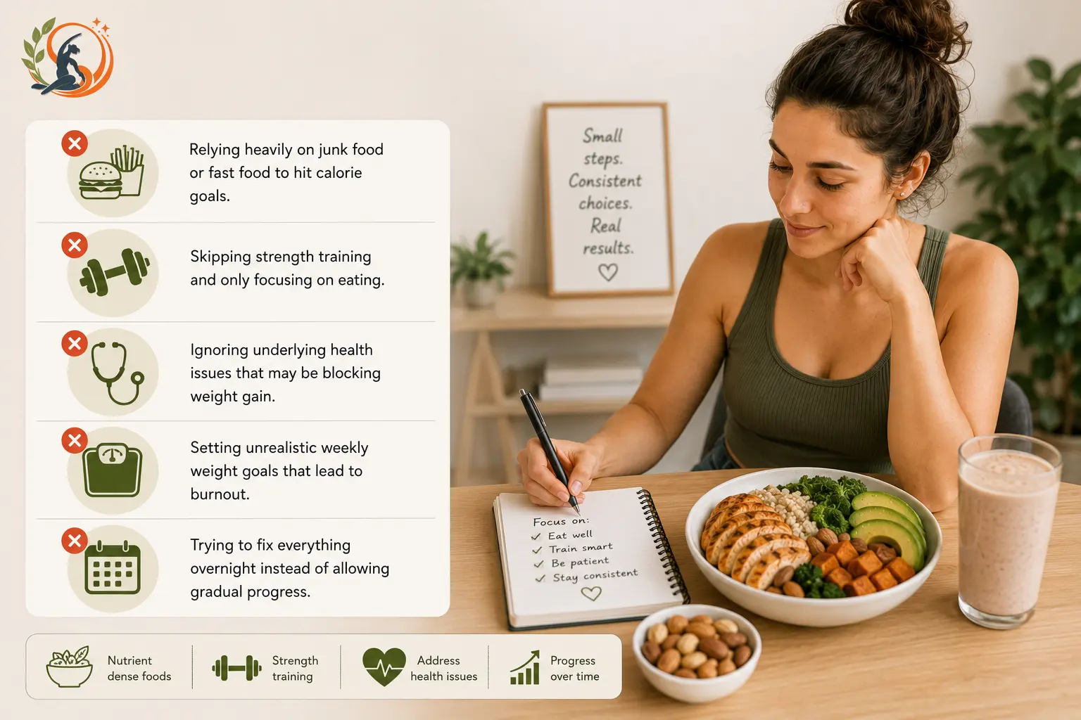 Woman reflecting on healthy weight gain while avoiding junk food, skipping strength training, ignoring health issues, setting unrealistic goals and expecting overnight results.