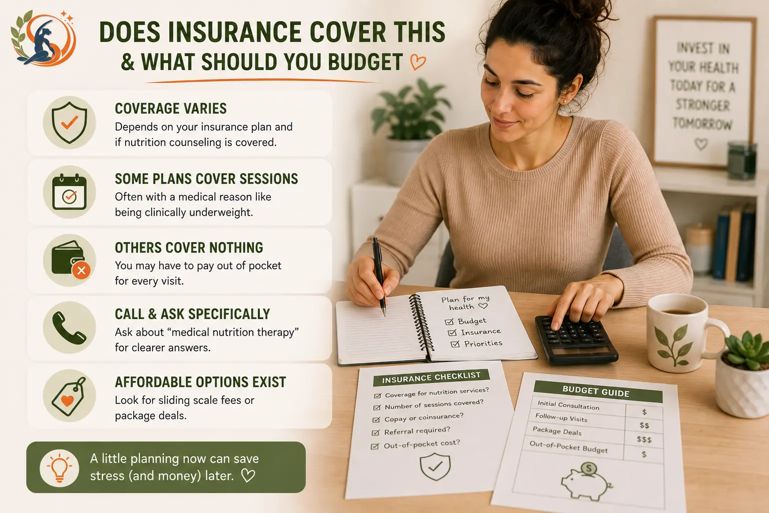 Woman planning the cost of dietitian care, with simple visuals showing insurance coverage, out-of-pocket costs, medical nutrition therapy and affordable payment options.