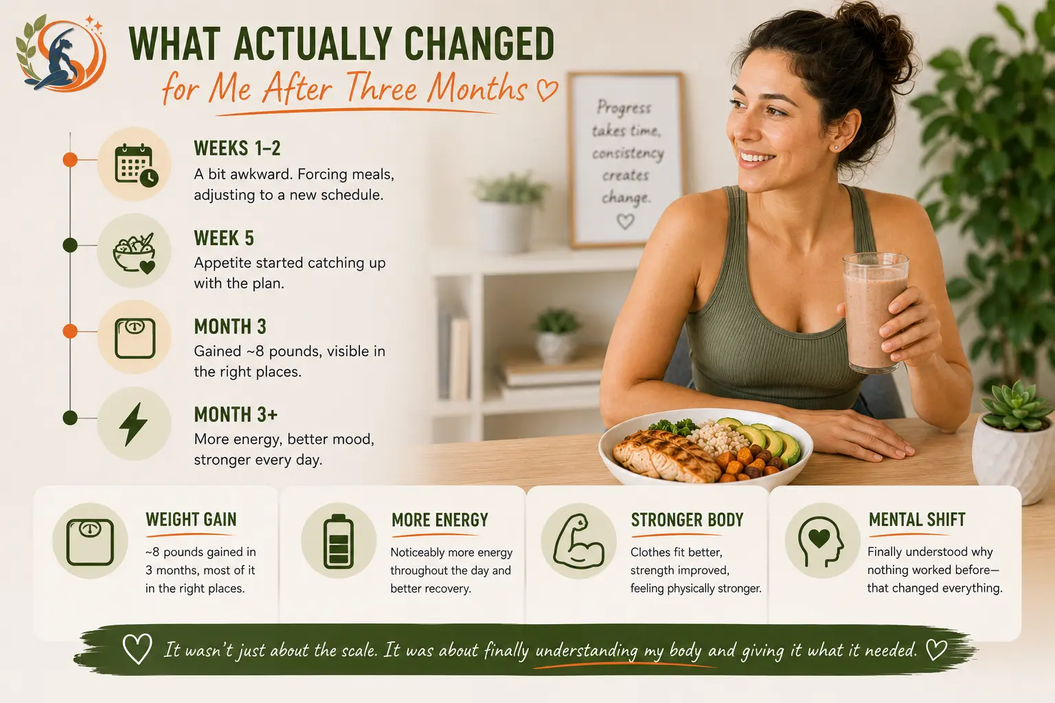Woman showing her three-month healthy weight-gain progress, with improved appetite, about eight pounds gained, increased energy and greater confidence