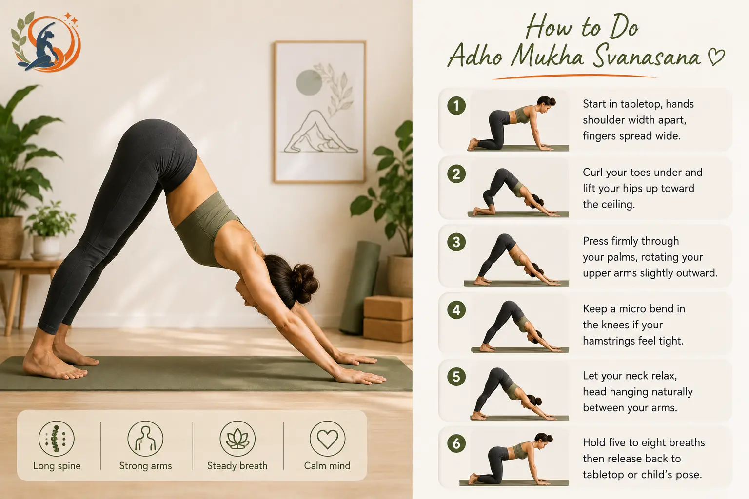 Woman demonstrating Adho Mukha Svanasana with step-by-step visuals for tabletop setup, hip lift, hand alignment, knee bend, relaxed neck, and steady breathing.