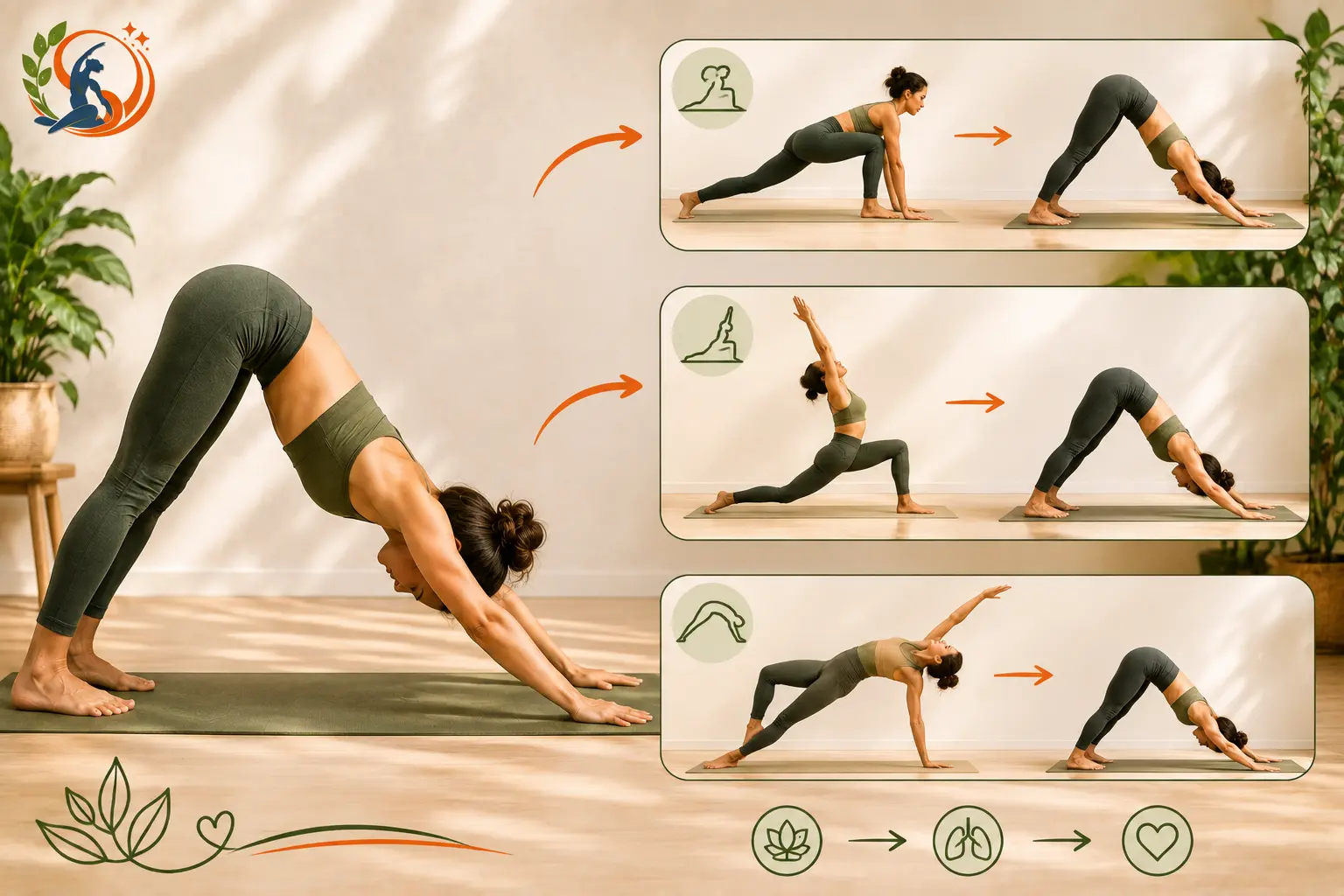 Yoga flow showing Low Lunge, Crescent Lunge, and Wild Thing transitioning into Downward-Facing Dog, with simple visual arrows and wellness icons.
