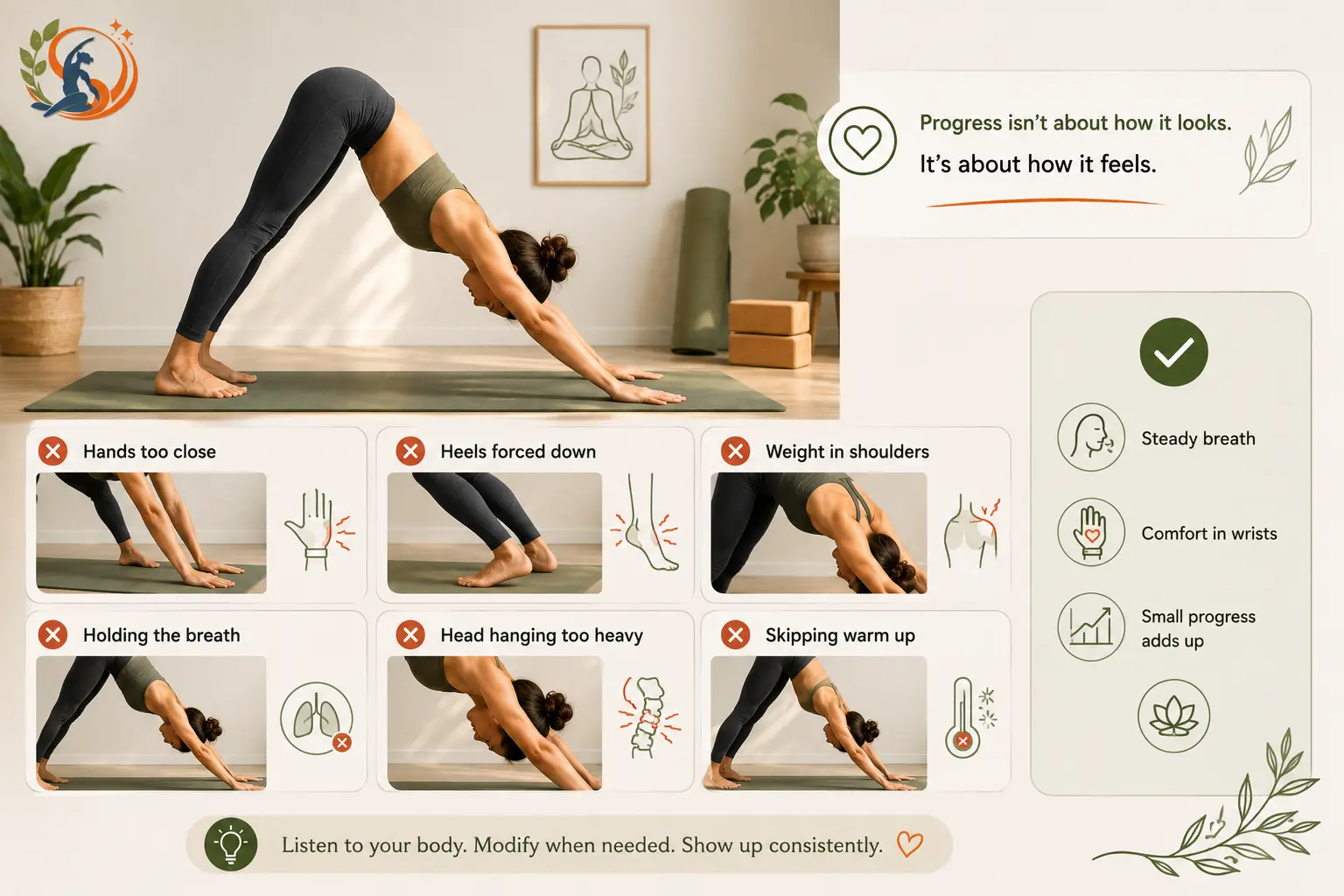 Woman practicing Downward-Facing Dog with simple visuals highlighting common mistakes such as poor hand placement, forced heels, shoulder strain, held breath, neck tension, and skipping warm-up.