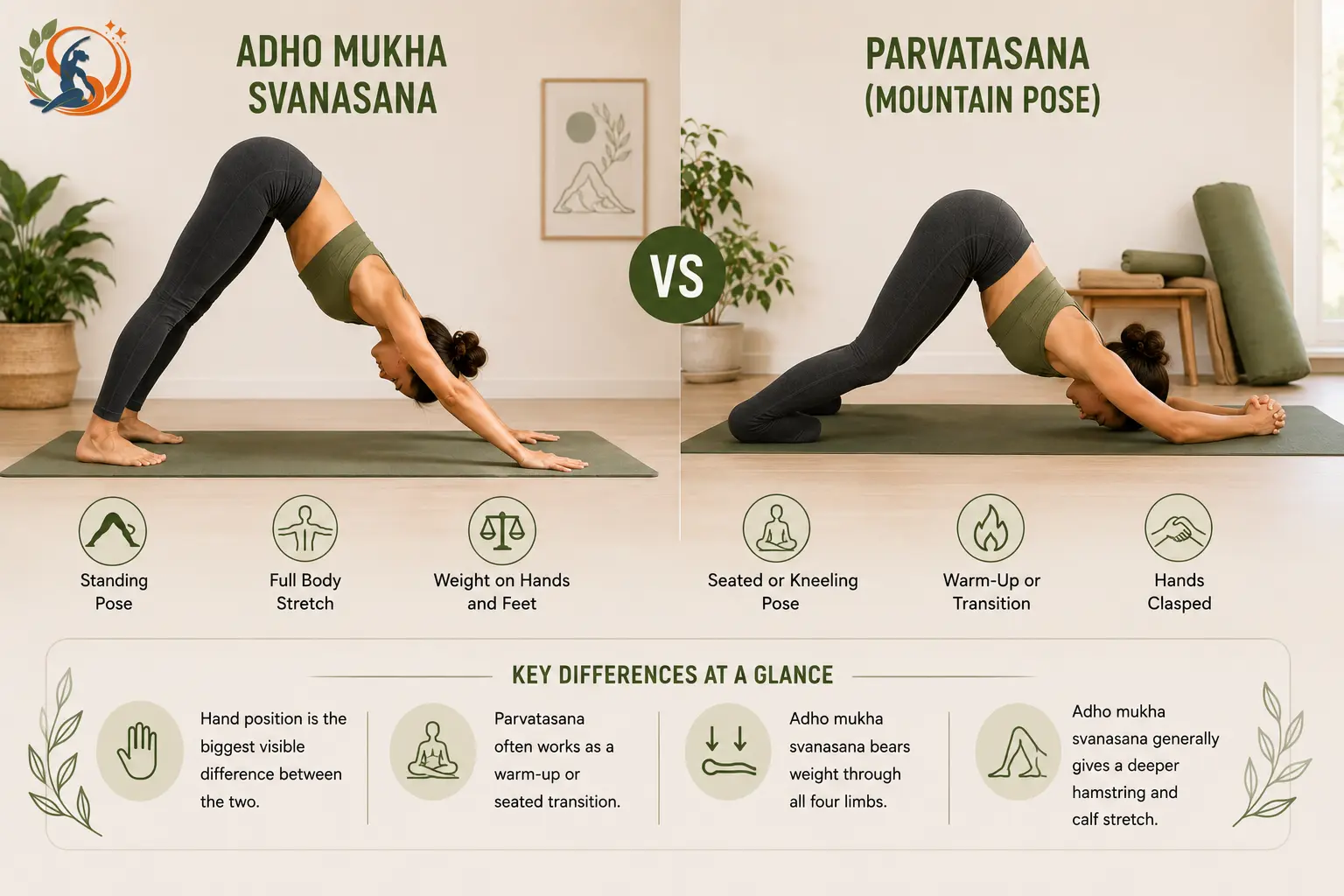Side-by-side comparison of Adho Mukha Svanasana and Parvatasana, showing differences in hand position, body support, pose position, and stretching.