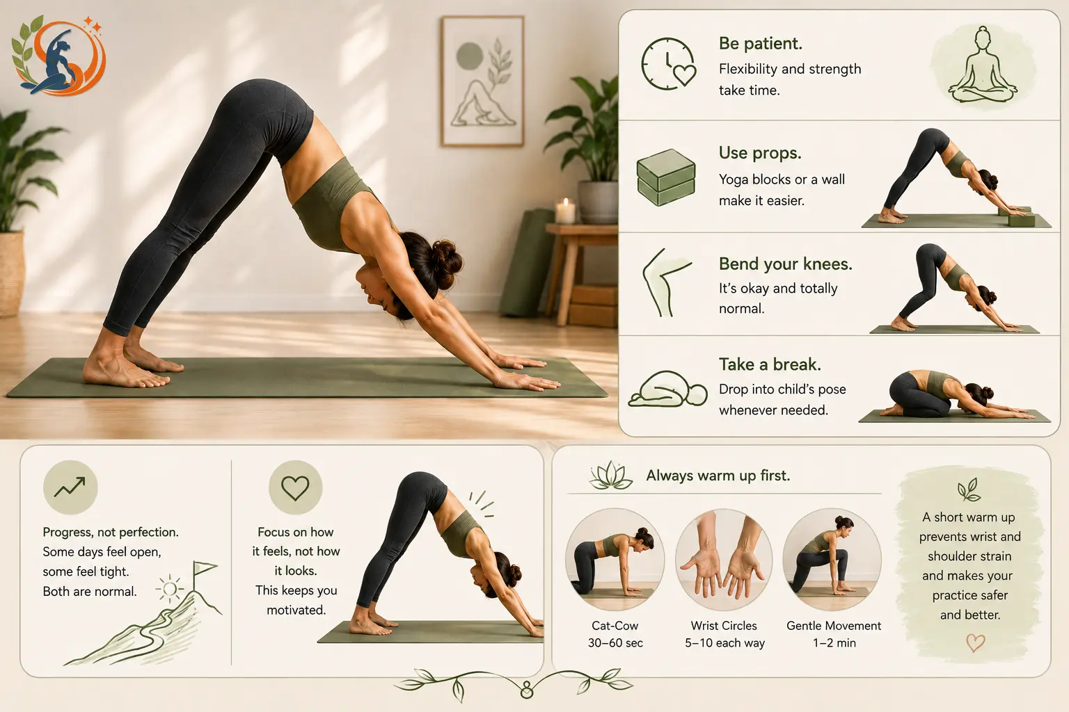 Woman practicing Downward-Facing Dog with simple beginner tips for patience, props, bent knees, breaks, progress, and warming up.