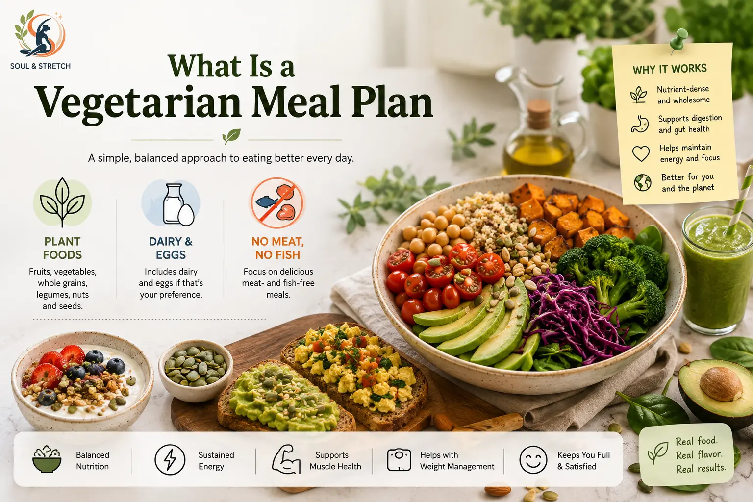 Vegetarian meal plan featuring plant-based foods, whole grains, legumes, vegetables, dairy and eggs