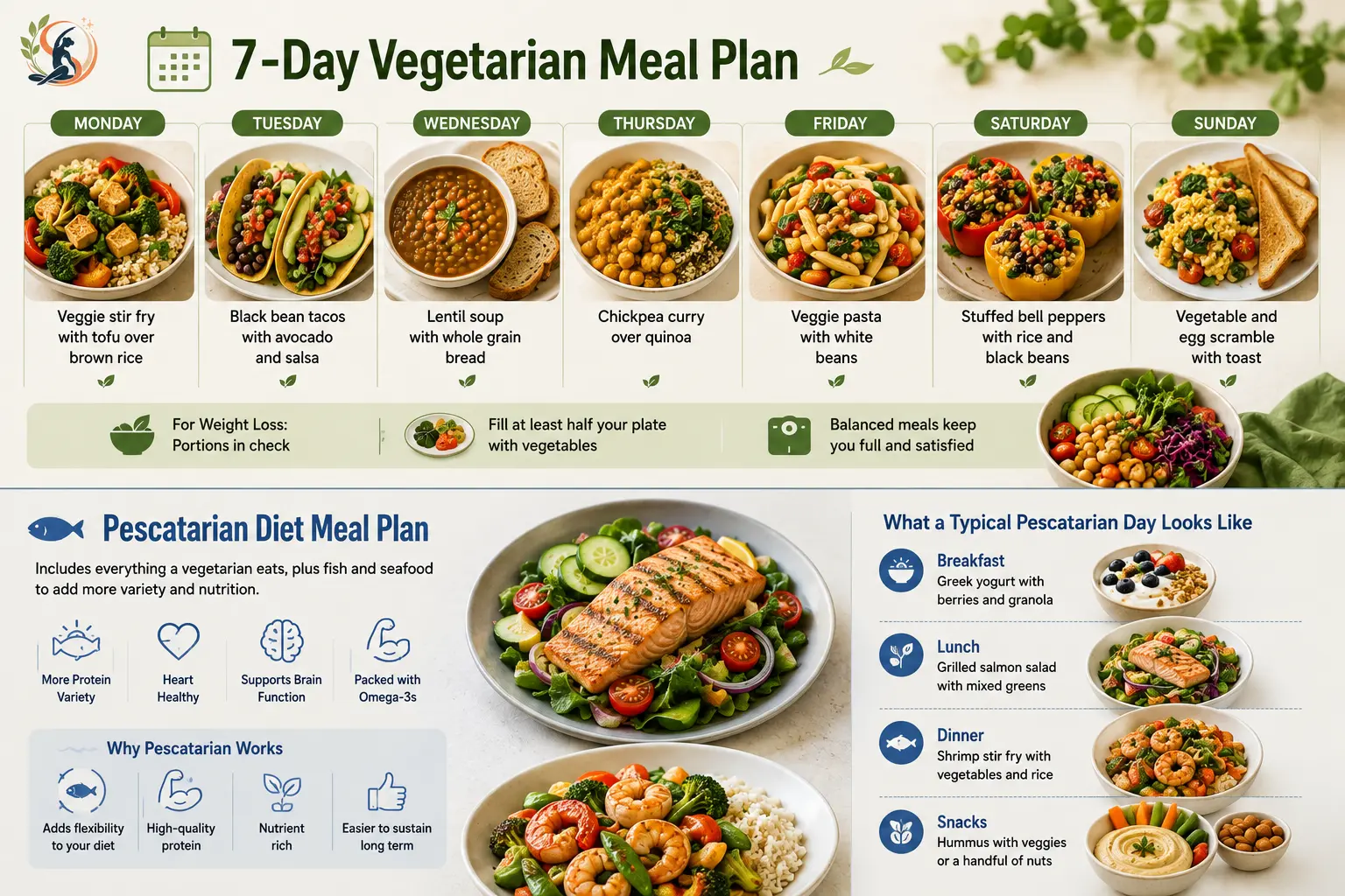 7-day vegetarian meal plan with healthy meals and pescatarian options including salmon, shrimp, vegetables and rice