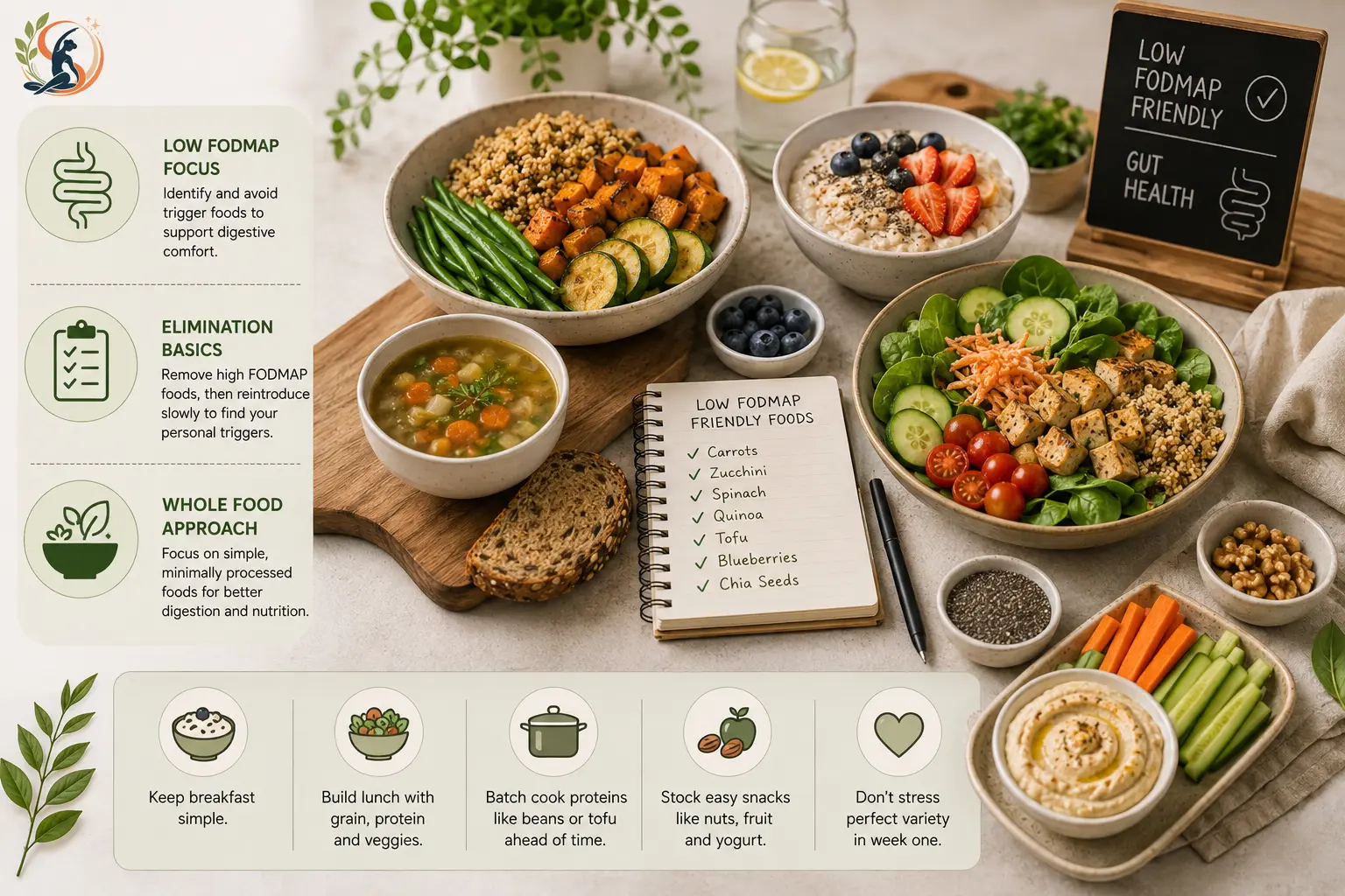 Low FODMAP vegetarian meal plan with whole foods, gut-friendly vegetables, tofu, quinoa and simple healthy meals