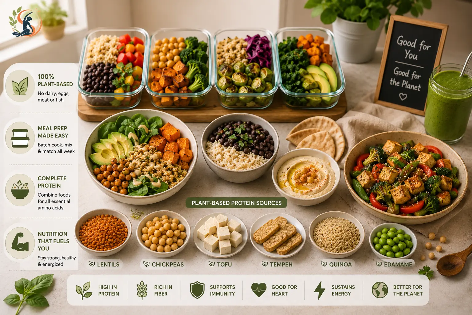Vegan meal prep with plant-based protein sources including lentils, chickpeas, tofu, tempeh, quinoa and edamame
