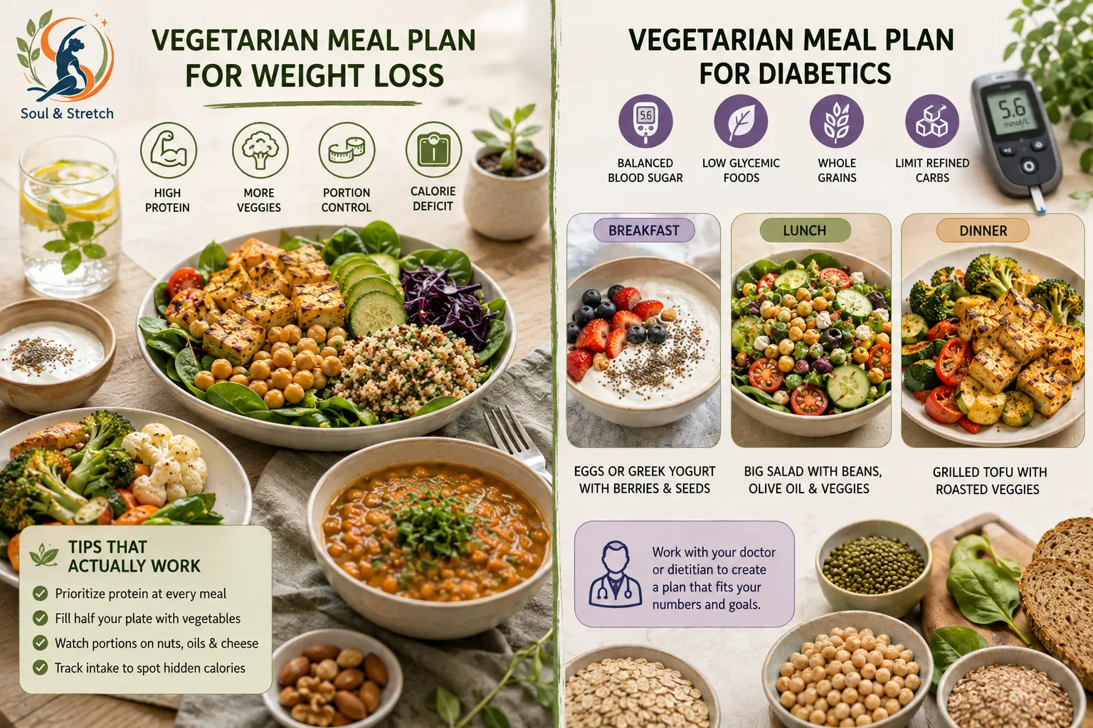 Vegetarian meal plan with healthy protein-rich foods, vegetables, portion control tips, and diabetes-friendly low-glycemic meals.