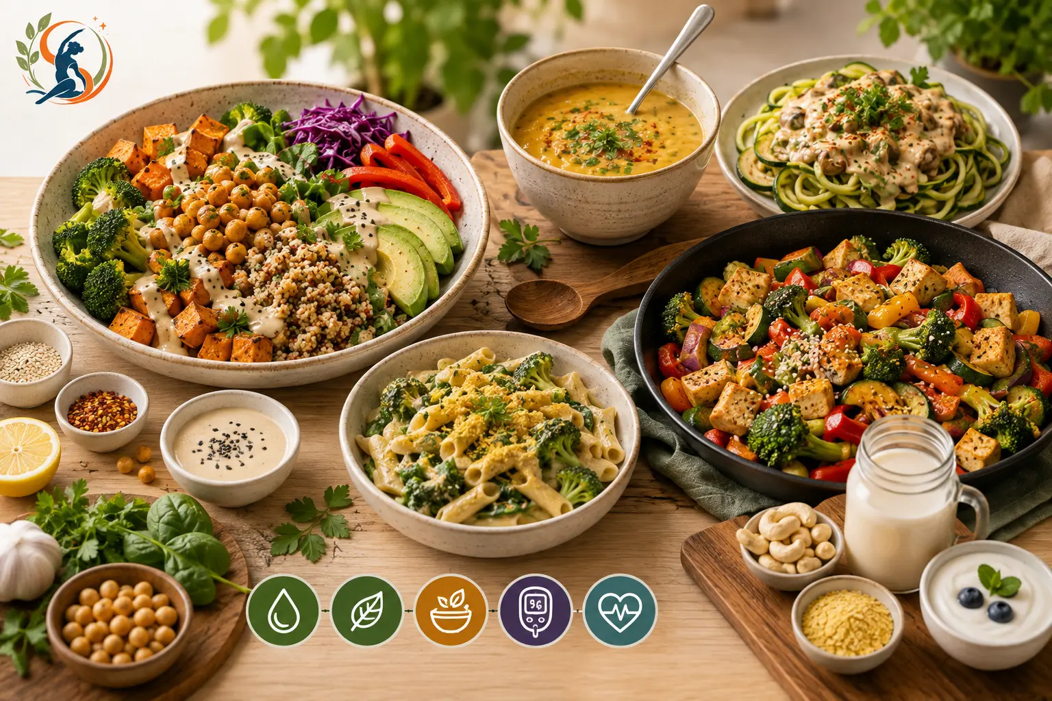 Colorful vegetarian dishes for diabetes-friendly eating, including chickpea bowls, roasted vegetables, tofu, tahini and dairy-free foods.