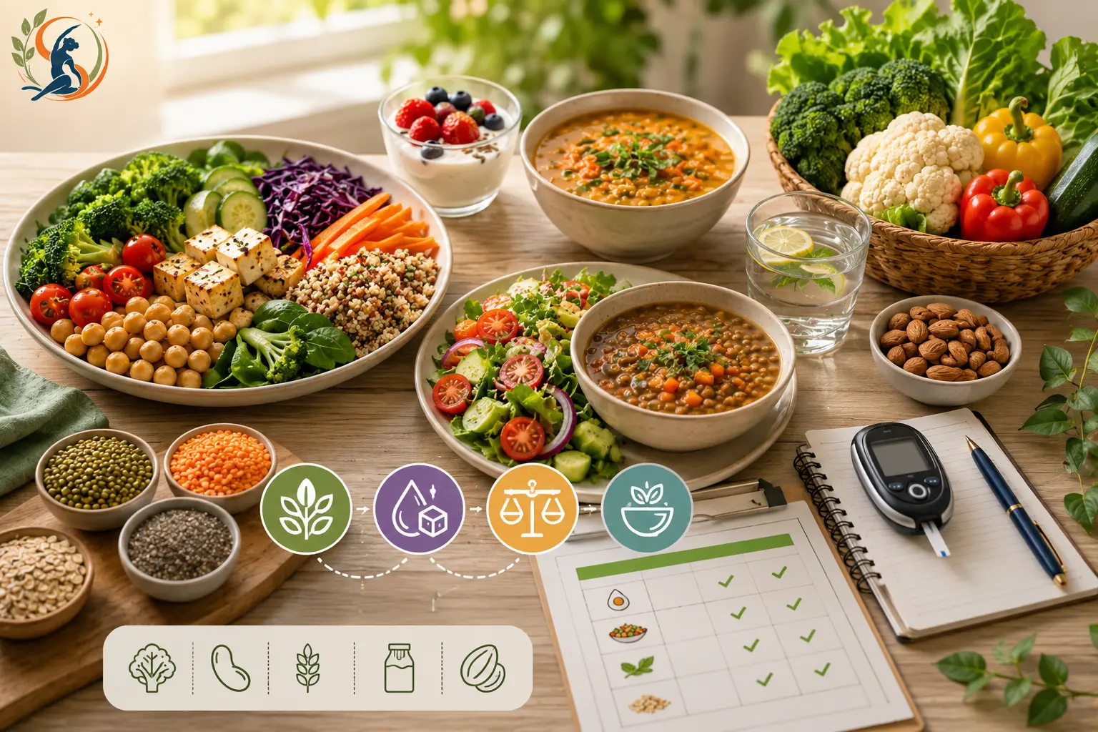 Vegetarian meals with tofu, lentils, vegetables, whole grains and diabetes-friendly foods, with a glucose meter and nutrition icons.