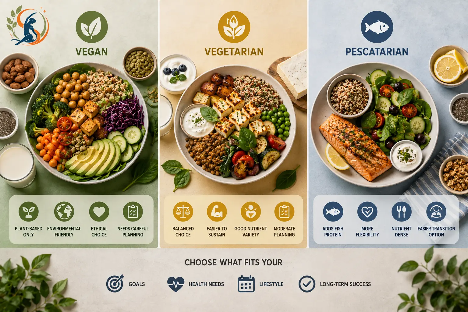 Comparison of vegan, vegetarian, and pescatarian diets with plant-based meals, fish, nutrition icons, and lifestyle considerations.