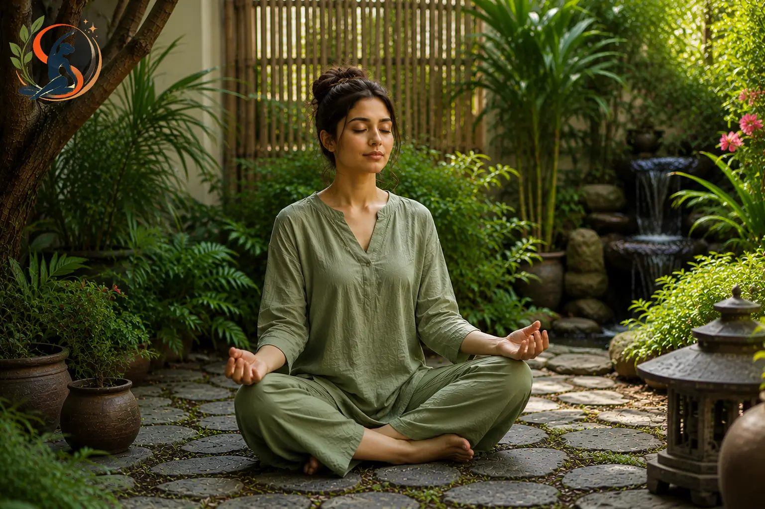 Person sitting cross-legged outdoors practicing garden meditation surrounded by plants