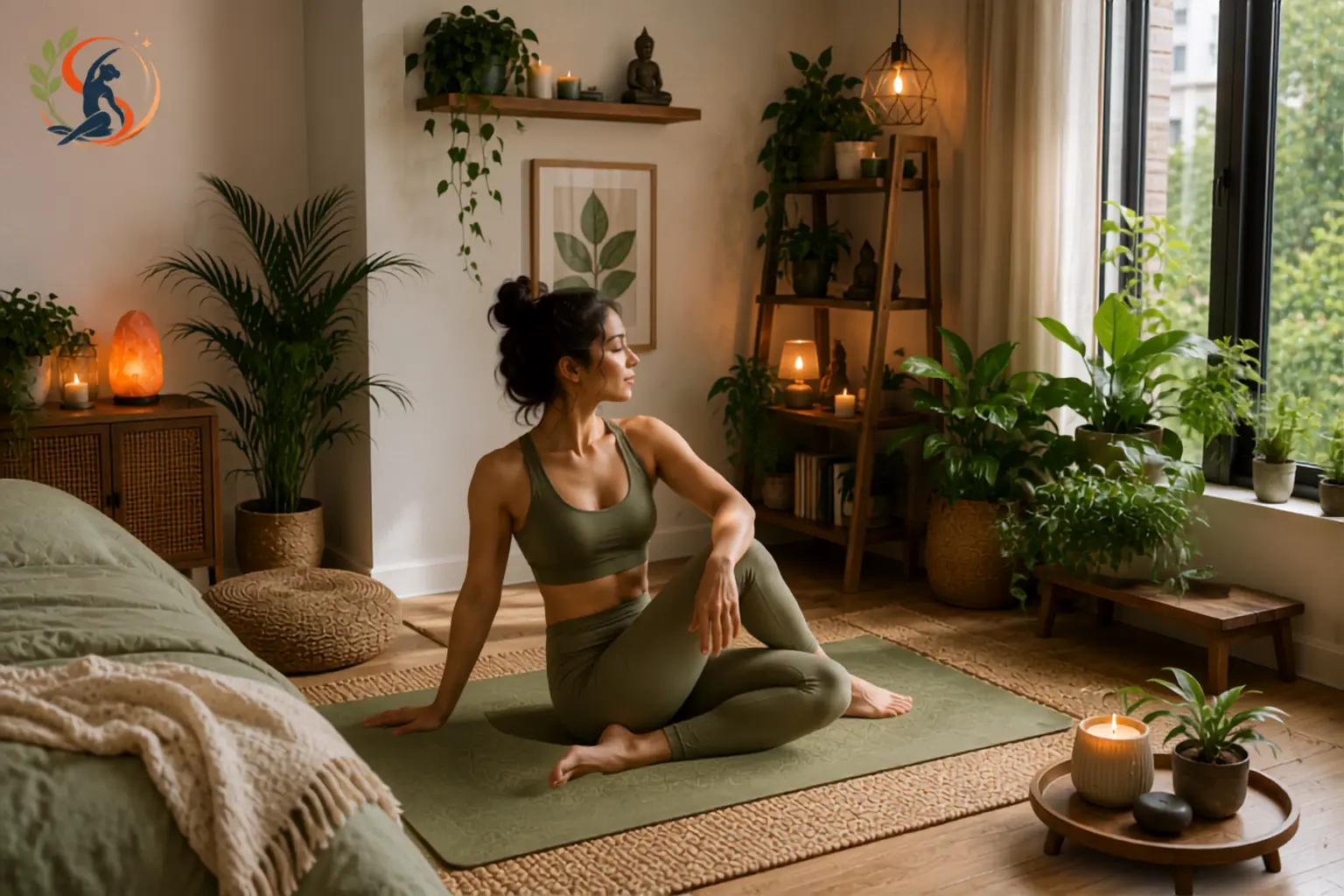 Small tidy meditation corner set up in a compact apartment bedroom