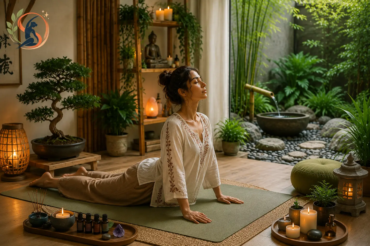 Flat-lay of meditation pillow, singing bowl, candle and Buddha statue