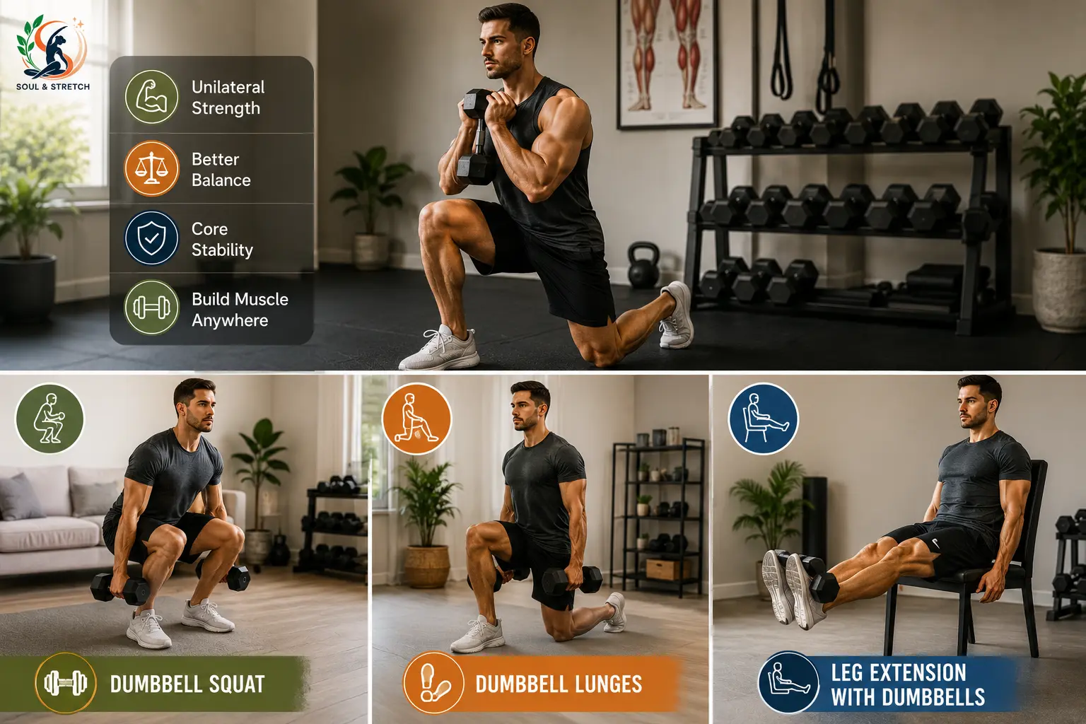 Dumbbell leg workout showing squats, lunges and leg extensions for unilateral strength, balance, core stability and muscle growth