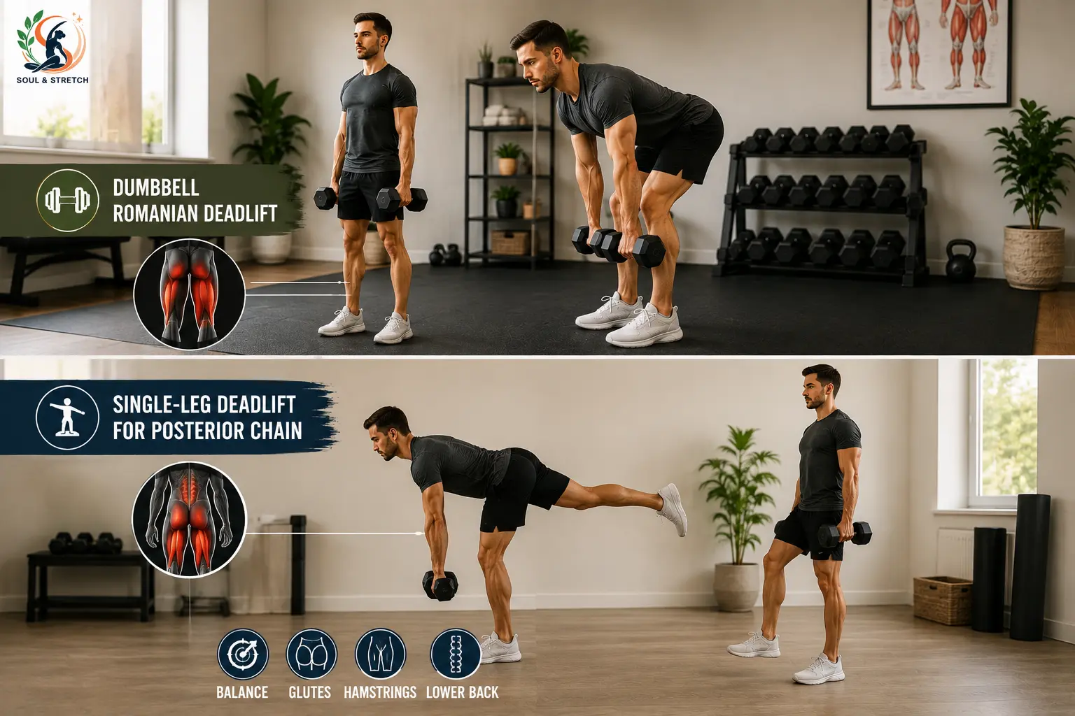 Dumbbell Romanian deadlift and single-leg deadlift exercises targeting the hamstrings, glutes, balance and posterior chain