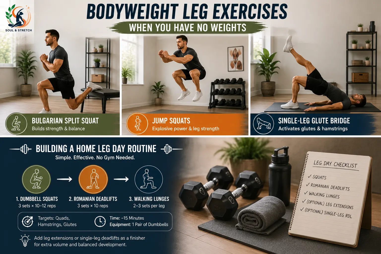 Bodyweight leg exercises and home leg day routine featuring Bulgarian split squats, jump squats, glute bridges, dumbbell squats, Romanian deadlifts and walking lunges