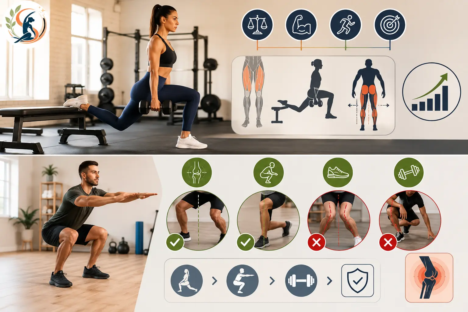 Unilateral leg training and knee-friendly workout techniques shown with proper exercise form, muscle balance, and knee alignment icons.