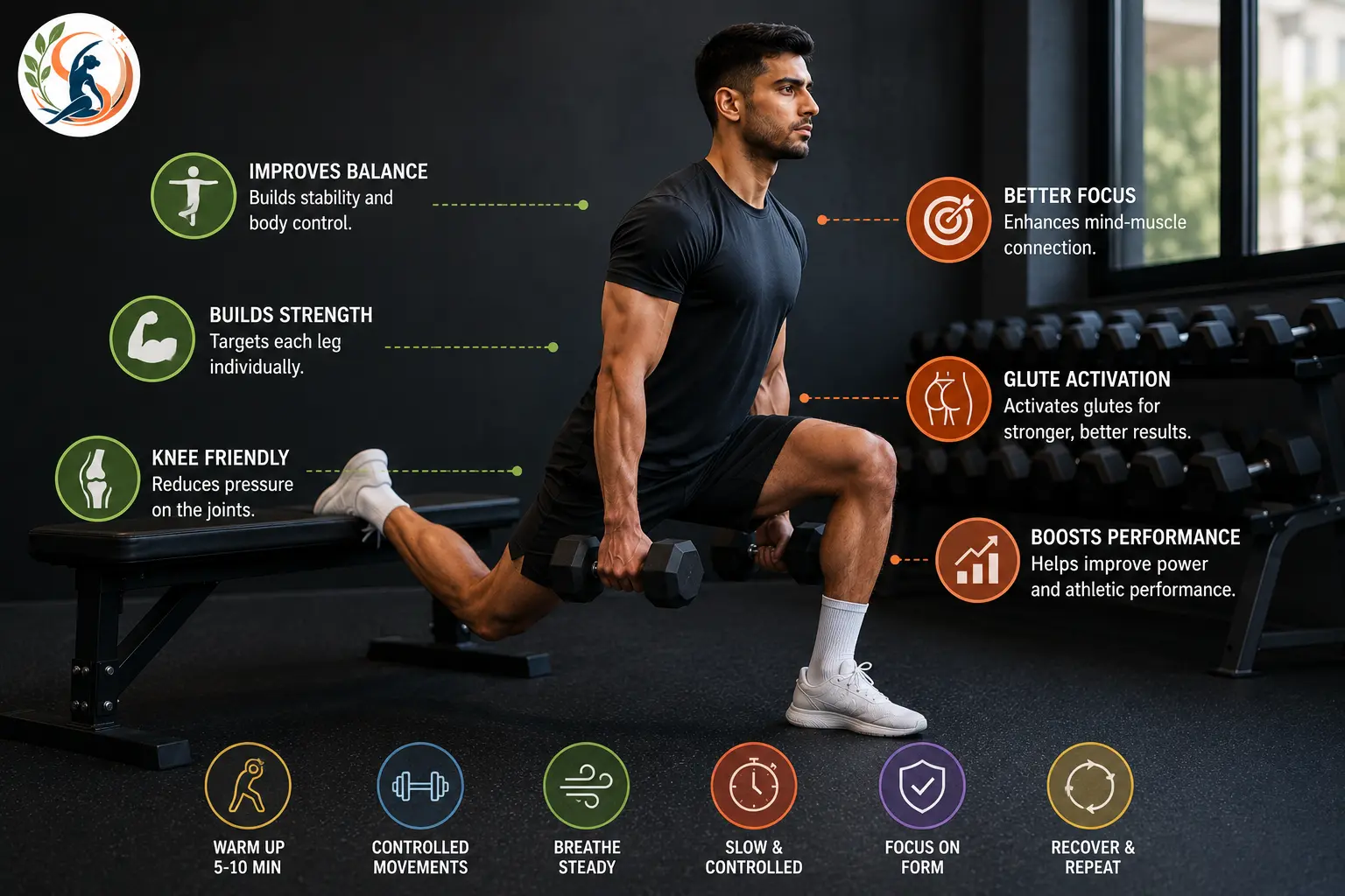 Real person performing a Bulgarian split squat with dumbbells, with fitness icons and short labels for balance, strength, knee comfort, glute activation, and performance.