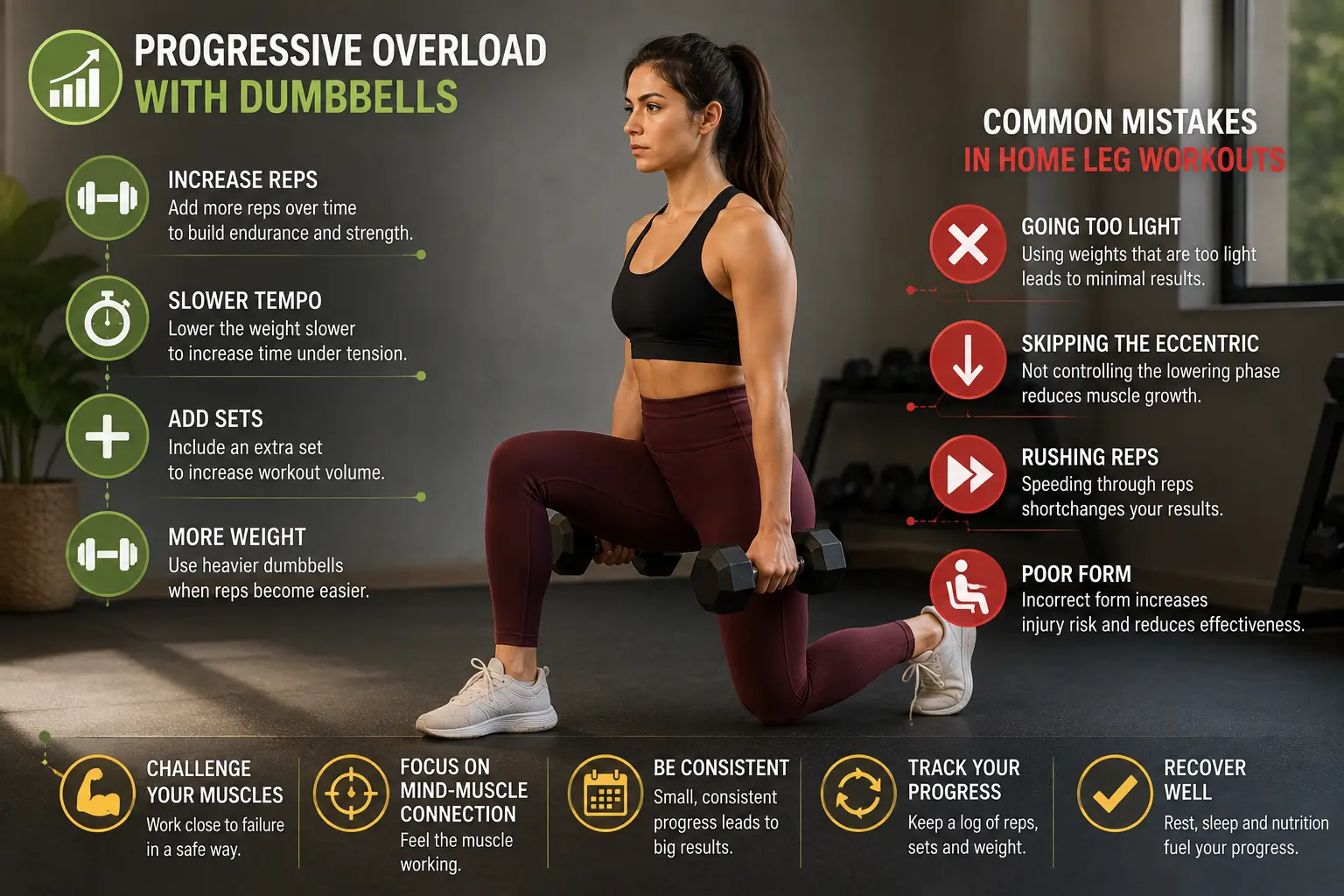 Fit woman performing dumbbell leg exercises with icons showing progressive overload, controlled tempo, proper form, and common home workout mistakes.