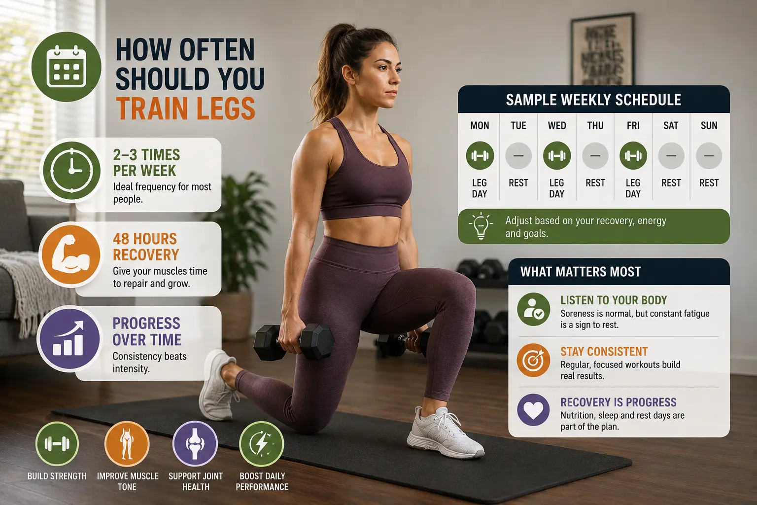 Woman performing dumbbell leg exercises with fitness icons showing weekly training frequency, recovery time, consistency, and beginner guidance.