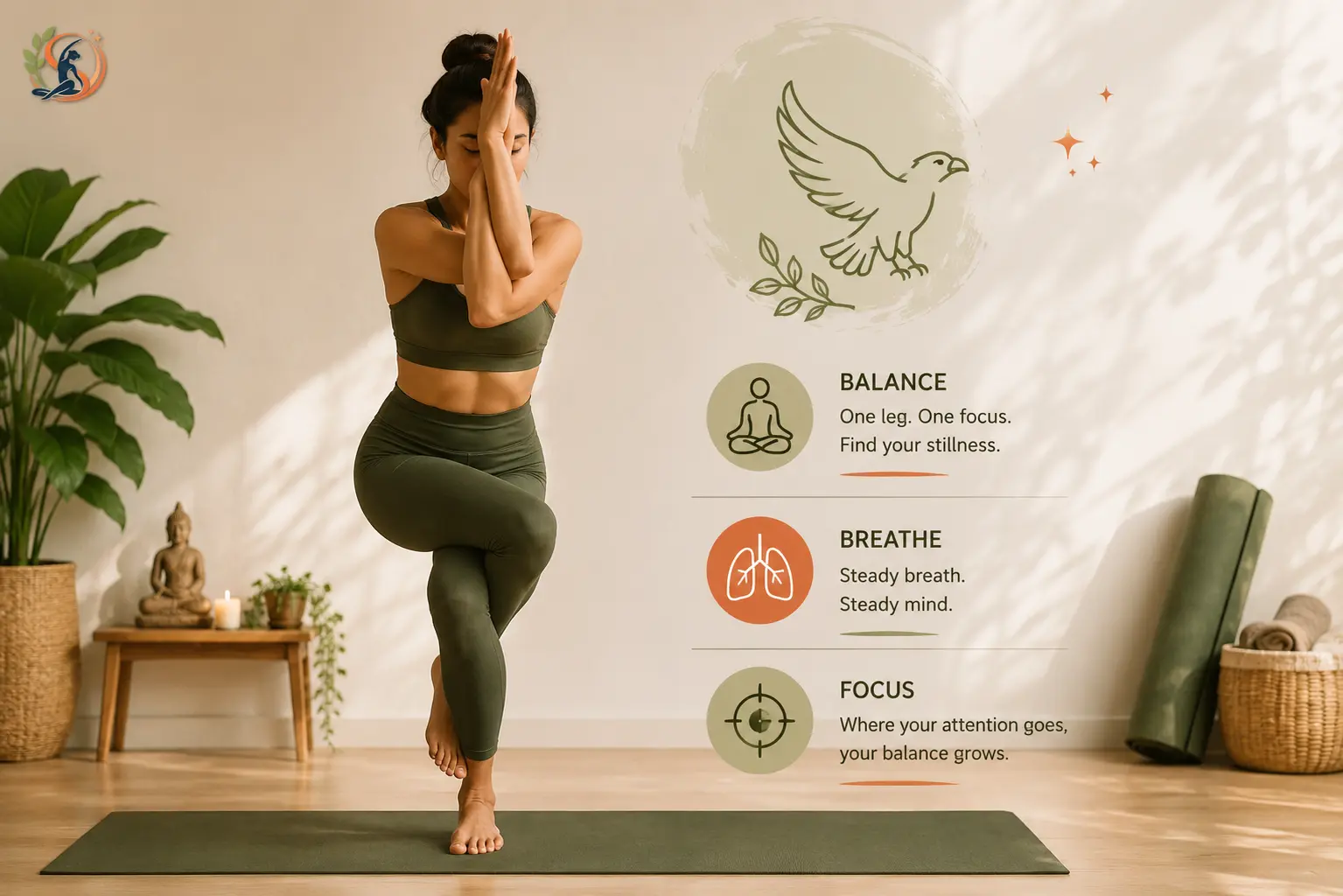 Woman practicing Garudasana, or Eagle Pose, on a yoga mat in a calm studio, with an eagle illustration and simple icons representing balance, breathing, and focus, plus the Soul & Stretch logo in the top-left.