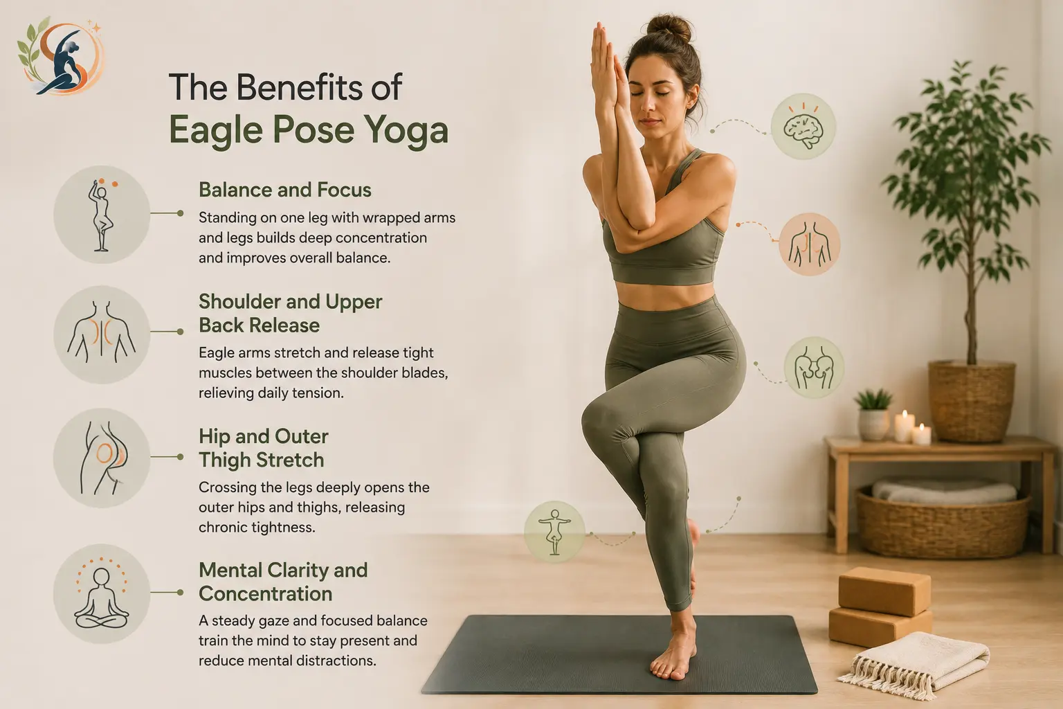 Woman practicing Eagle Pose yoga on one leg, highlighting balance, focus, shoulder and upper-back release, hip and outer-thigh stretching, and mental clarity.