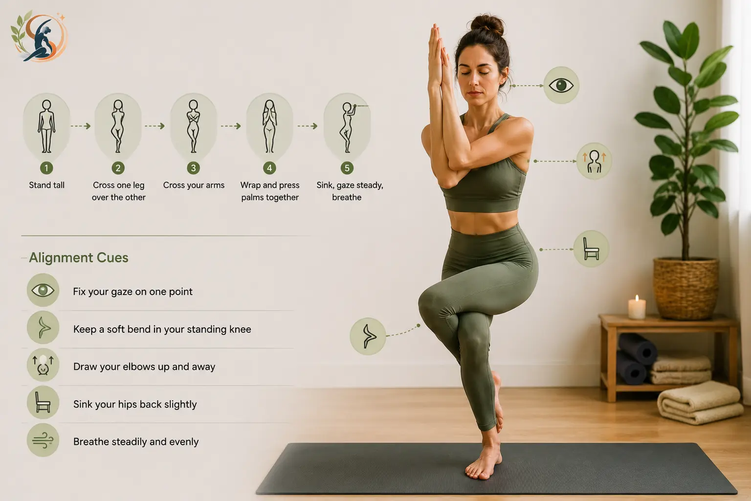 Woman demonstrating Eagle Pose with simple step-by-step alignment cues for balance, posture, gaze, and breathing.