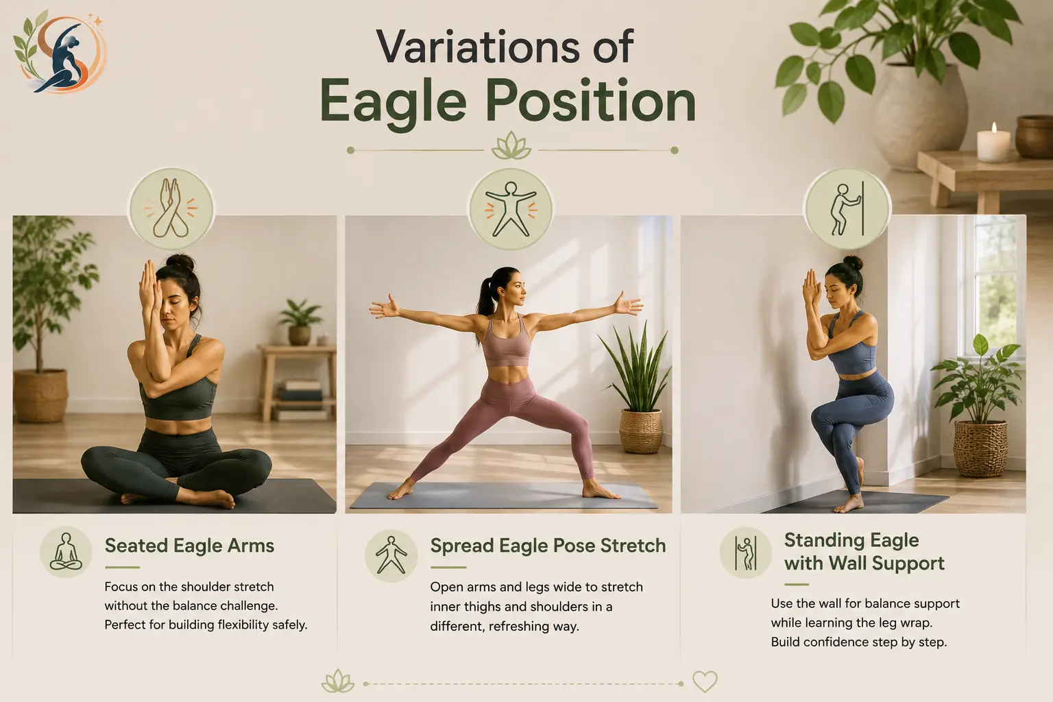 Woman demonstrating three Eagle Pose variations: seated Eagle Arms, wide-leg Eagle stretch, and standing Eagle with wall support.