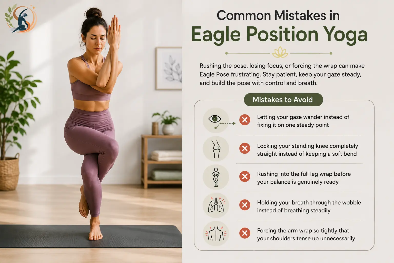Woman demonstrating Eagle Pose with icons highlighting common mistakes such as poor focus, locked knee, forced leg wrap, held breath, and tense shoulders.