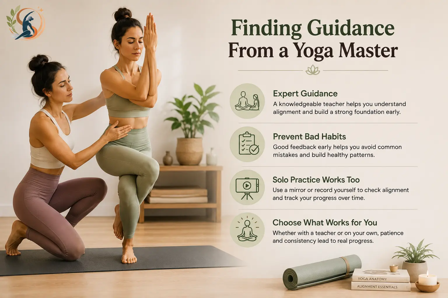 Yoga teacher guiding a student in Eagle Pose, illustrating expert alignment guidance, safe practice, and consistent learning.