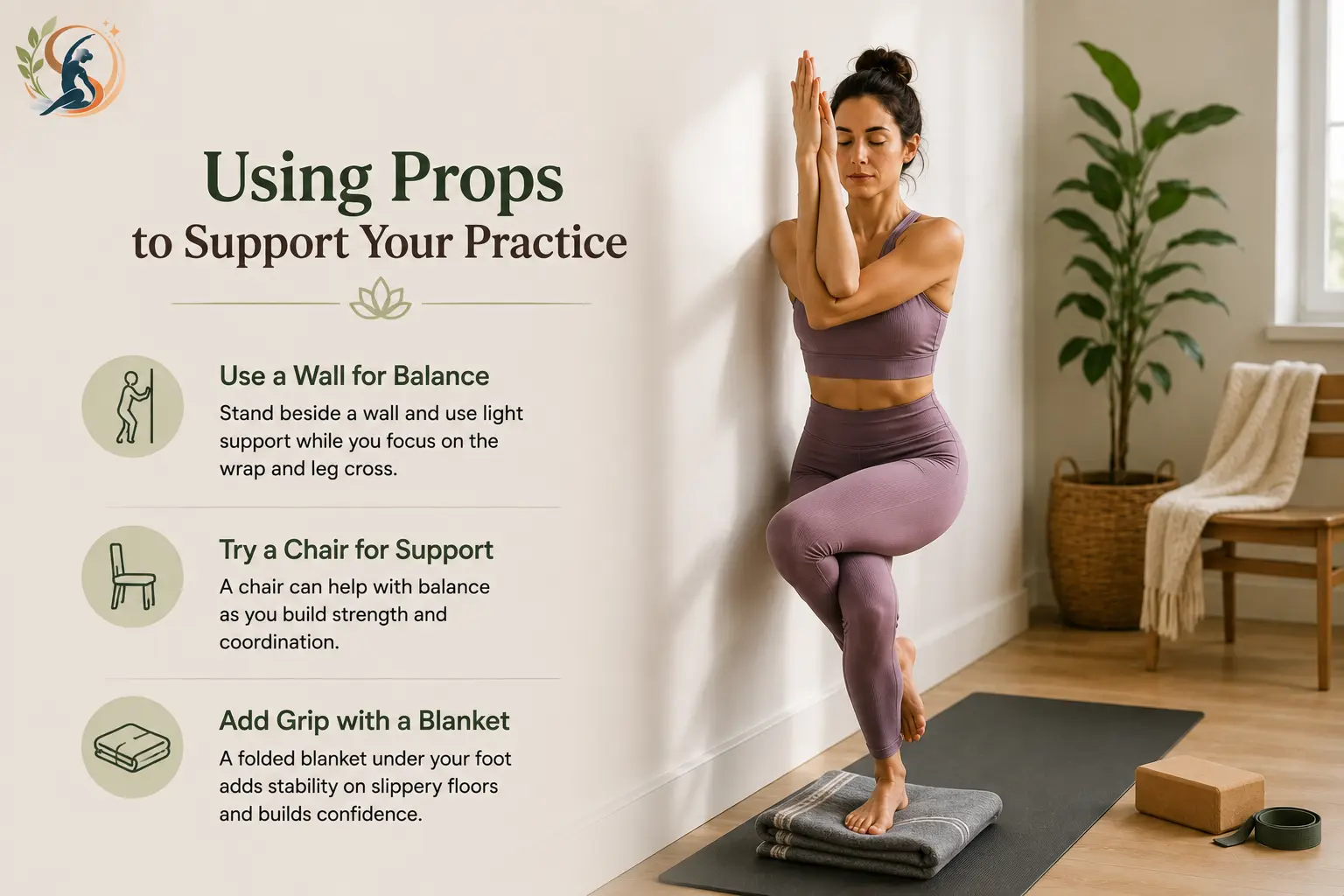 Woman practicing supported Eagle Pose with a wall and folded blanket, showing how yoga props can improve balance, grip, and confidence.