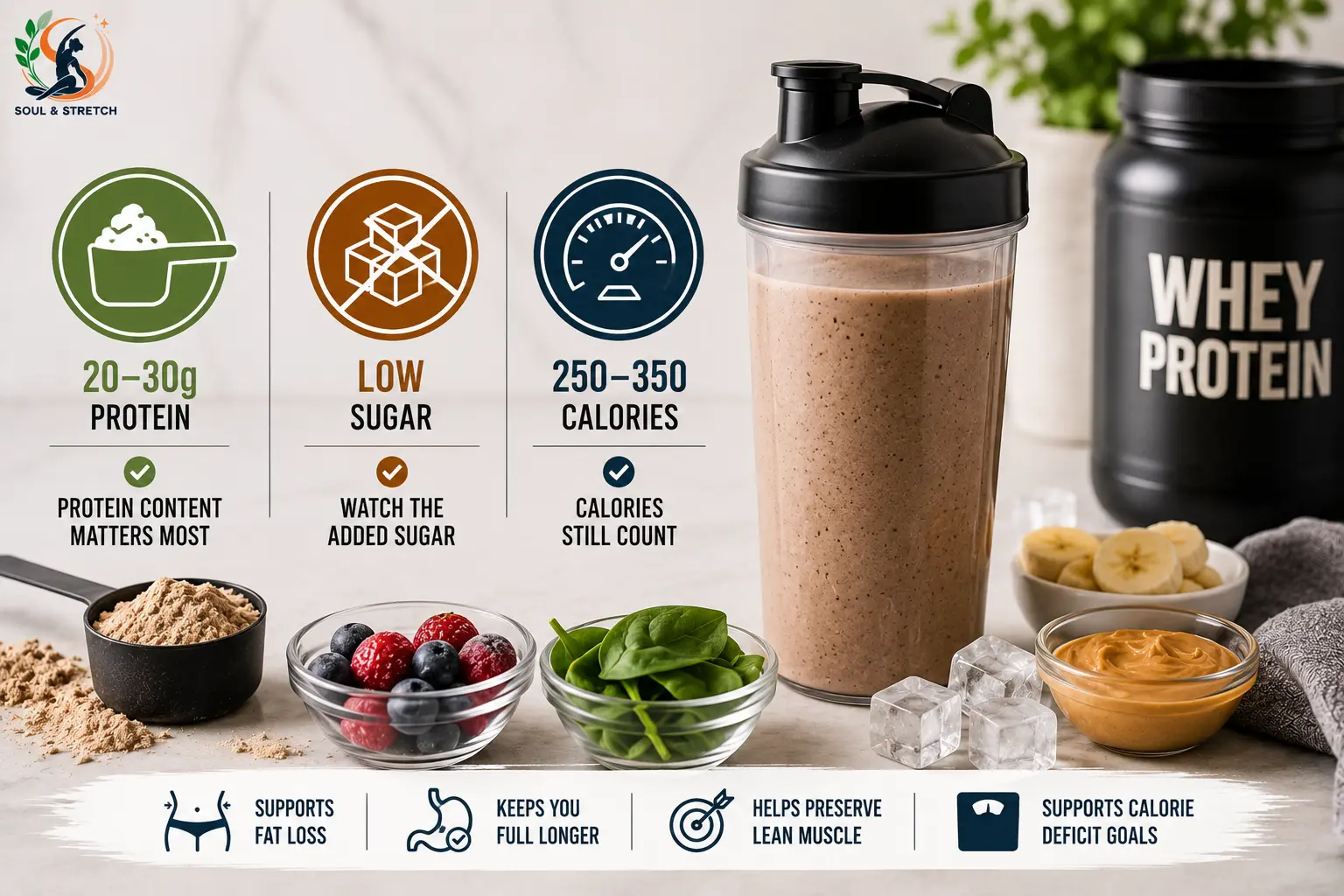 High-protein shake for fat loss with protein powder, berries, spinach, banana, almond milk and healthy low-calorie ingredients