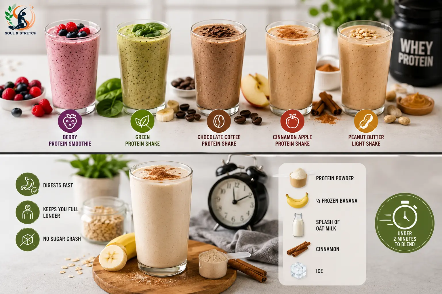 High-protein smoothie recipes featuring berry, green, chocolate coffee, cinnamon apple, peanut butter and vanilla protein shakes