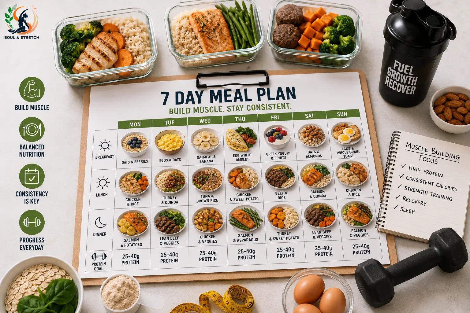 7-day muscle-building meal plan with high-protein meals, balanced nutrition, meal prep and daily protein goals
