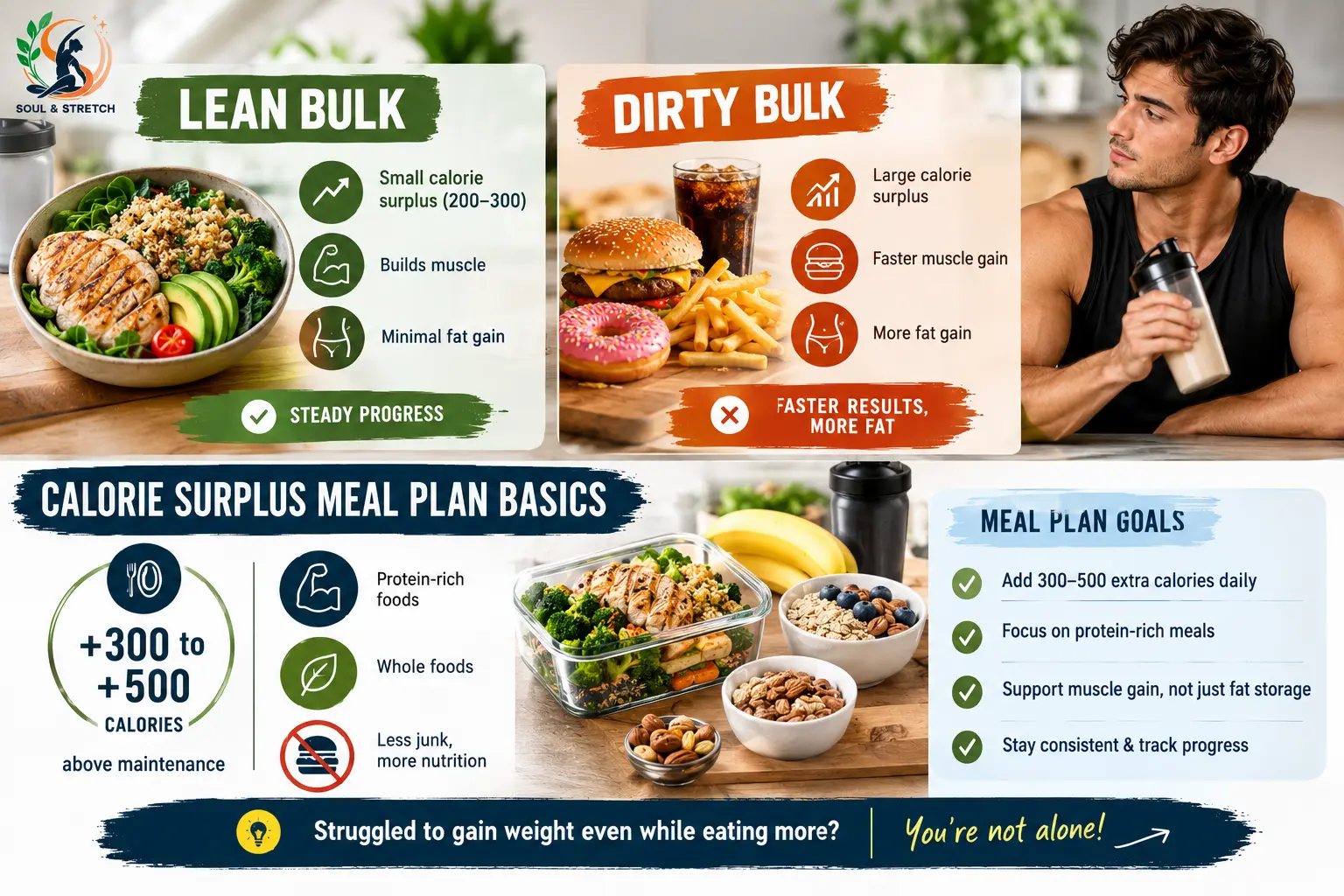 Lean bulk meal plan with calorie surplus, protein-rich foods, balanced meals and muscle-building nutrition