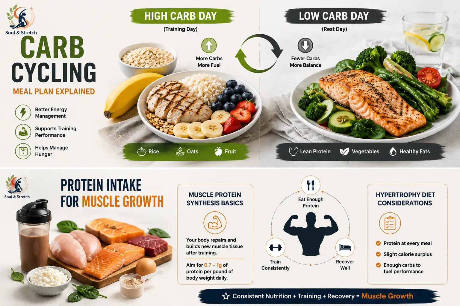 Carb cycling meal plan showing high-carb training days, low-carb rest days, protein intake, muscle protein synthesis, and hypertrophy nutrition.
