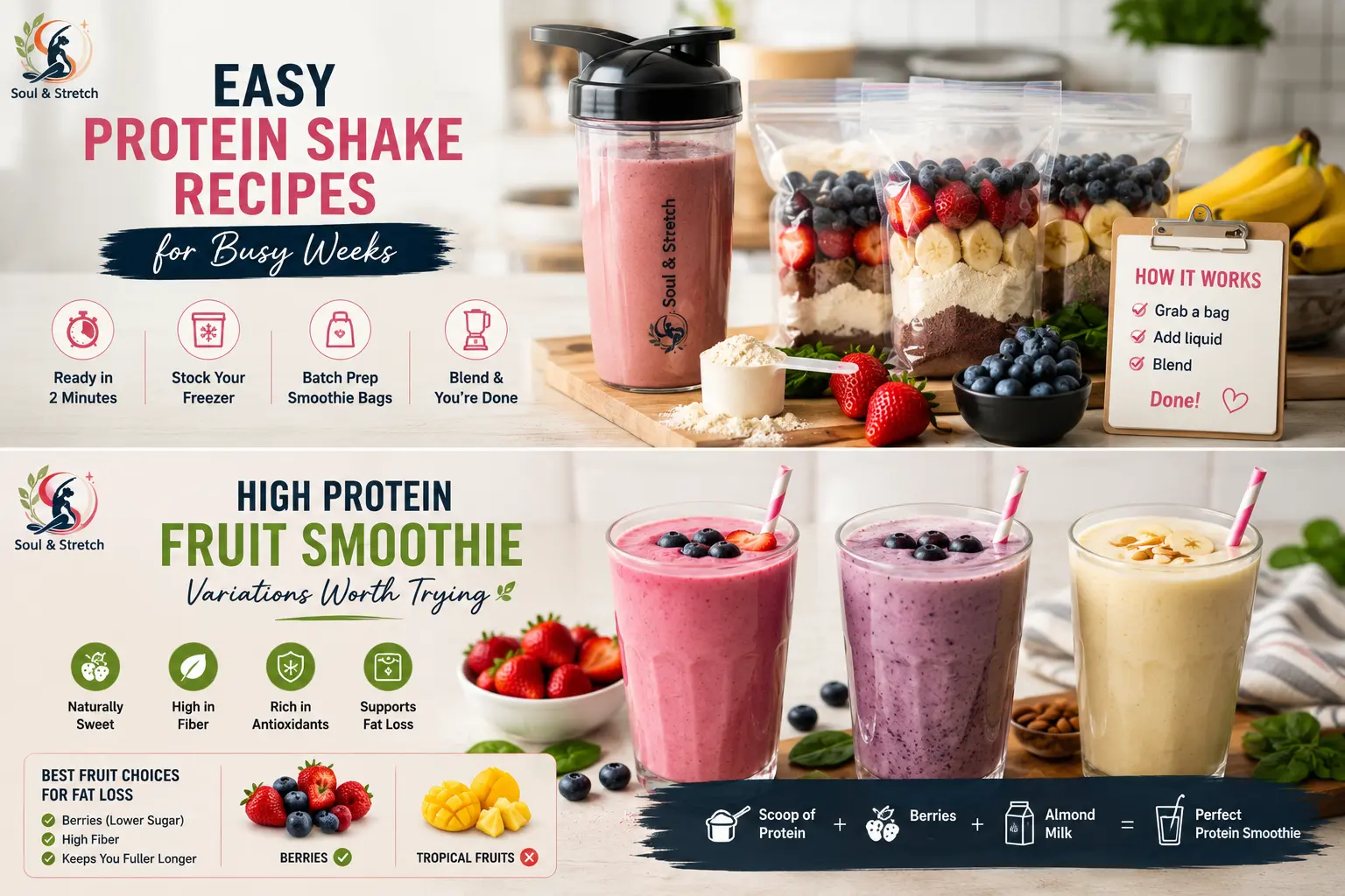 Easy protein shake prep with frozen smoothie bags and high-protein fruit smoothies featuring berries, protein powder, and almond milk.