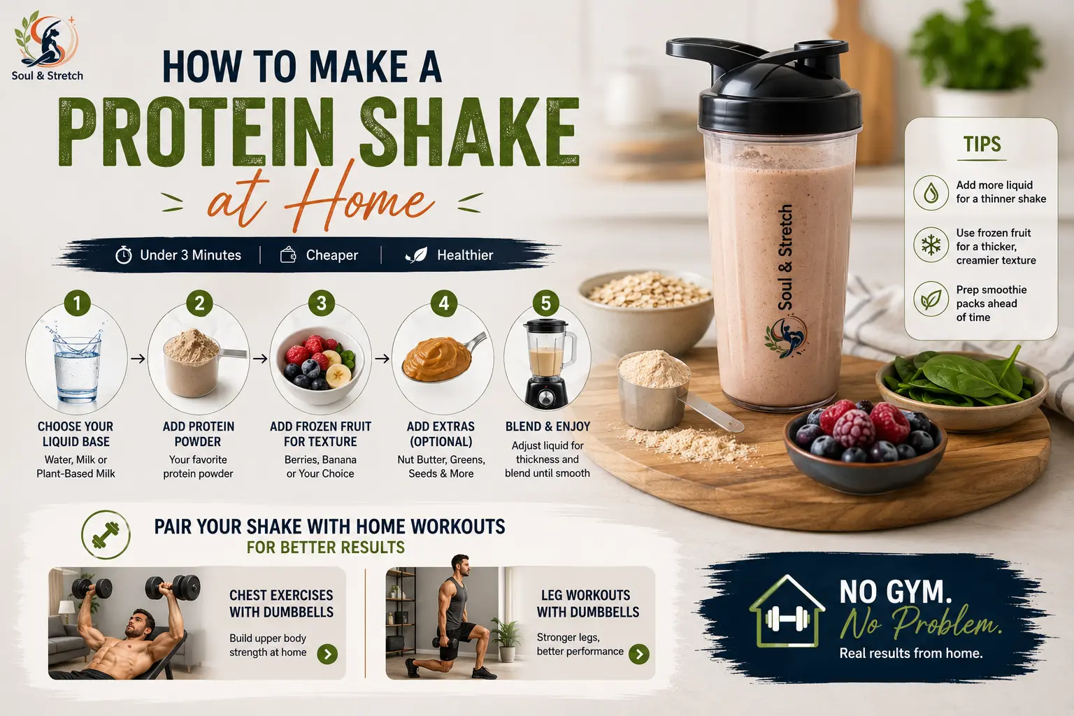 How to make a protein shake at home with liquid, protein powder, frozen fruit and optional ingredients, plus home workout pairing tips.