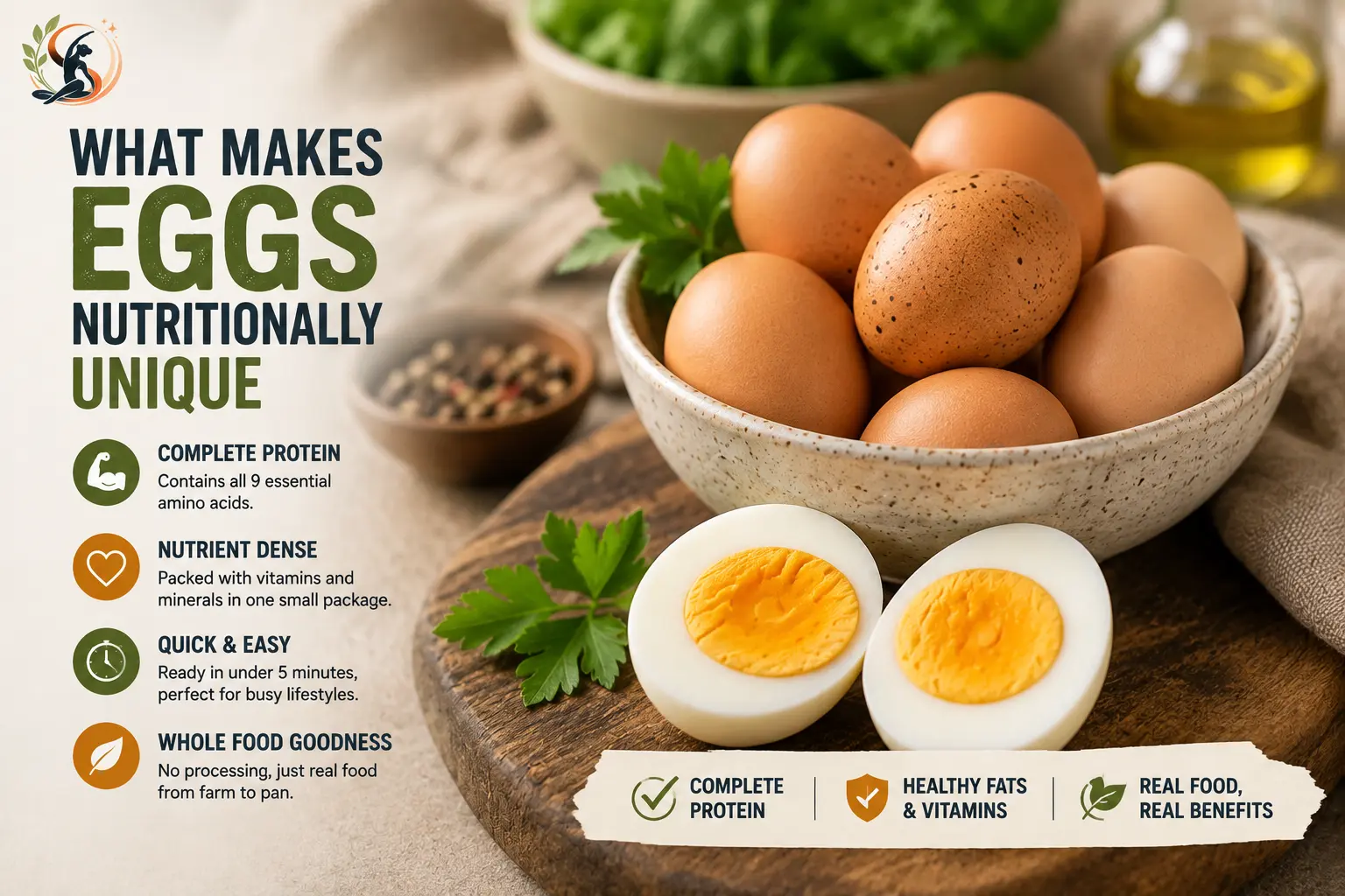 Nutritional uniqueness of eggs highlighting complete protein, essential amino acids, vitamins, healthy fats, and whole-food benefits.